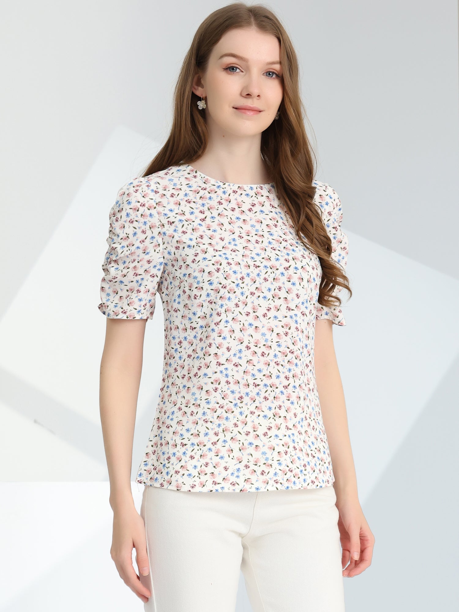 Floral Crew Neck Ruched Sleeve Casual Blouse