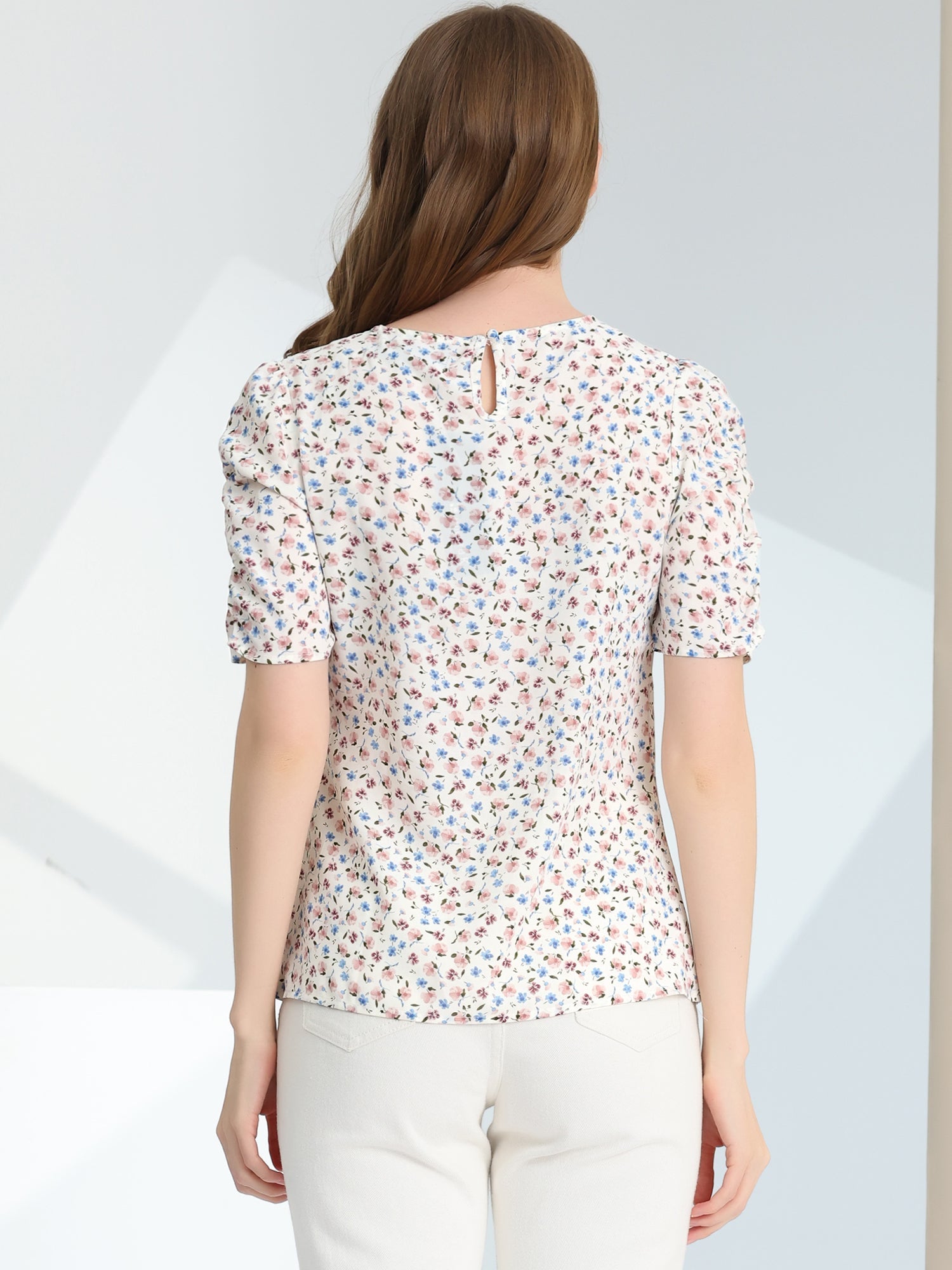 Floral Crew Neck Ruched Sleeve Casual Blouse
