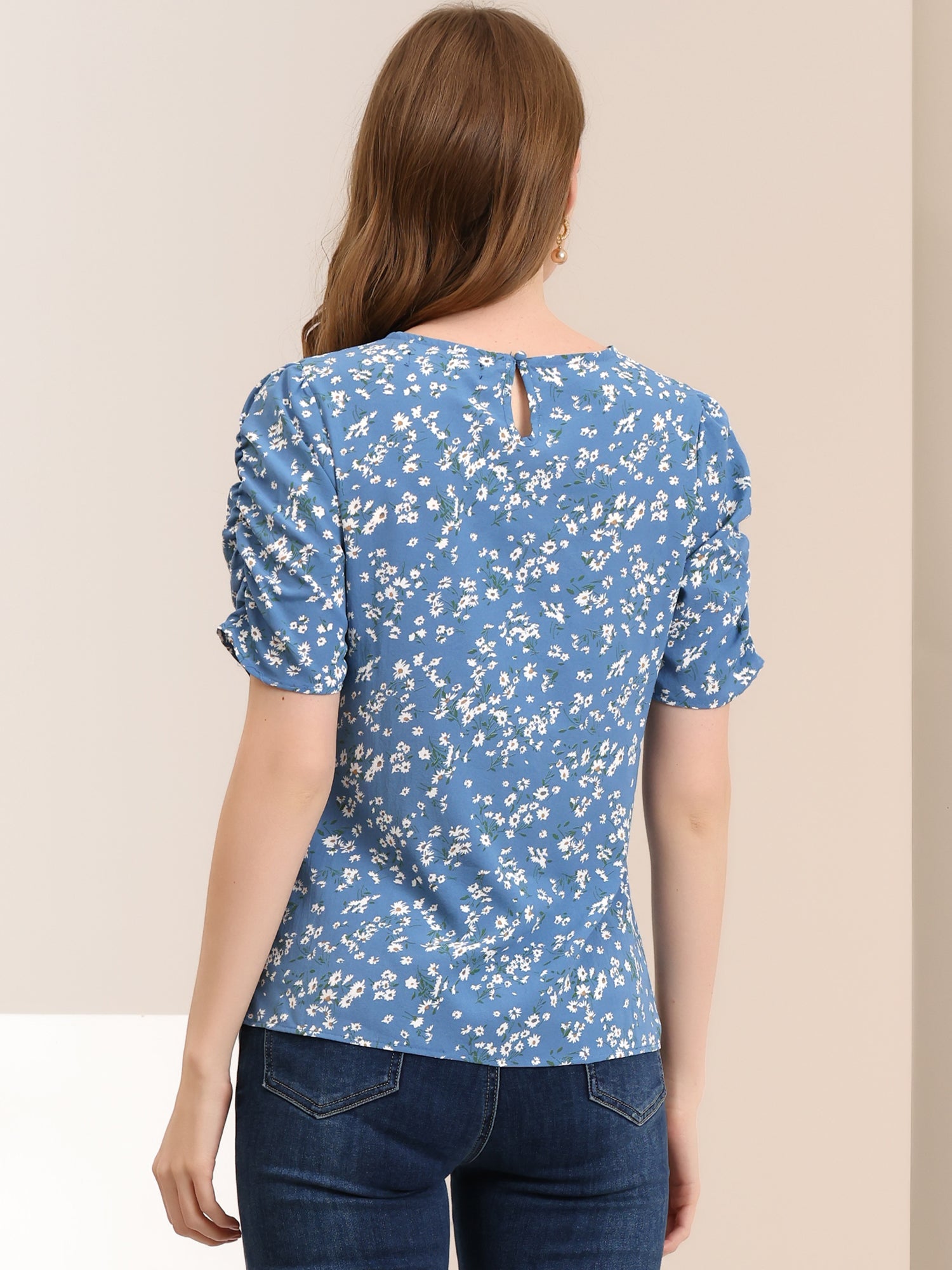 Floral Crew Neck Ruched Sleeve Casual Blouse
