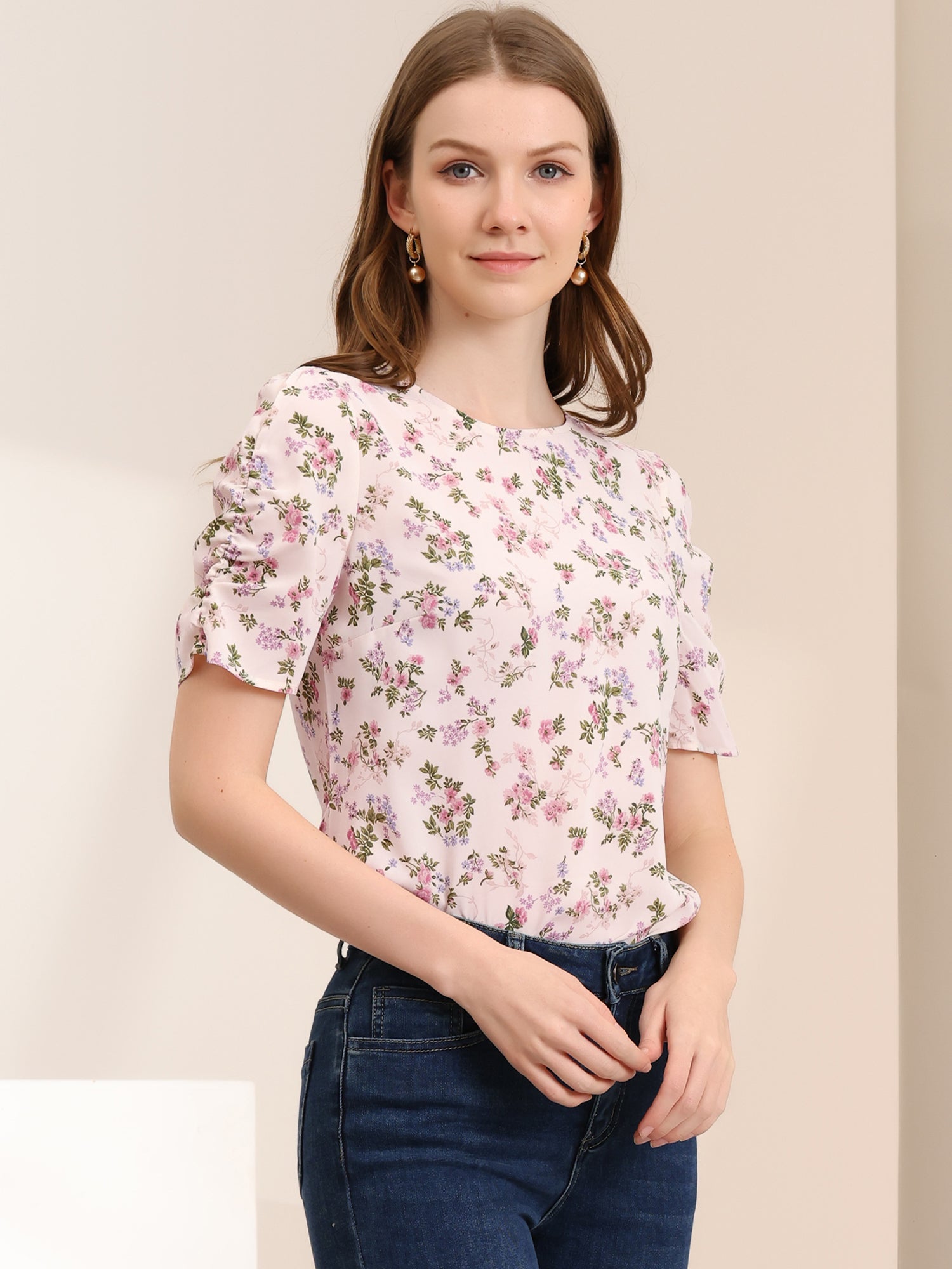 Floral Crew Neck Ruched Sleeve Casual Blouse