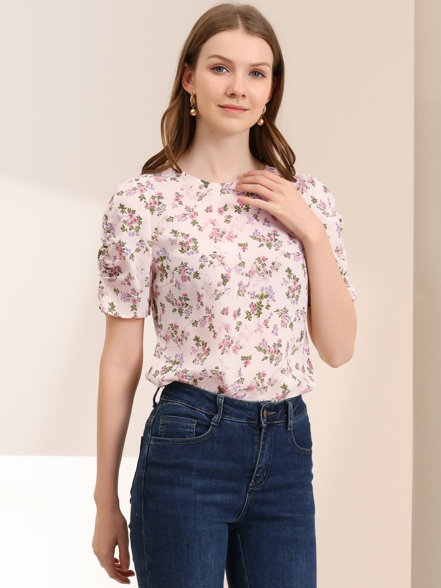 Floral Crew Neck Ruched Sleeve Casual Blouse