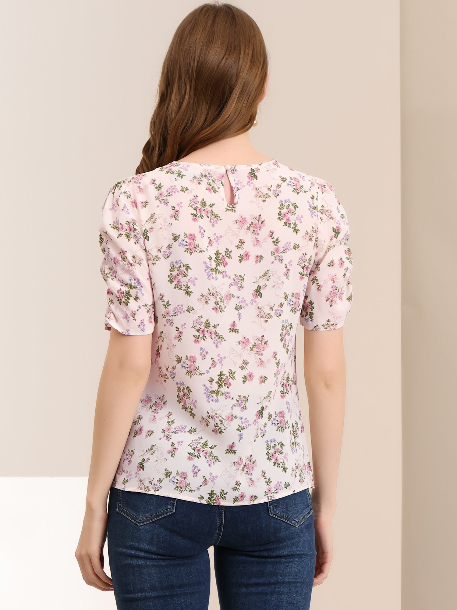 Floral Crew Neck Ruched Sleeve Casual Blouse