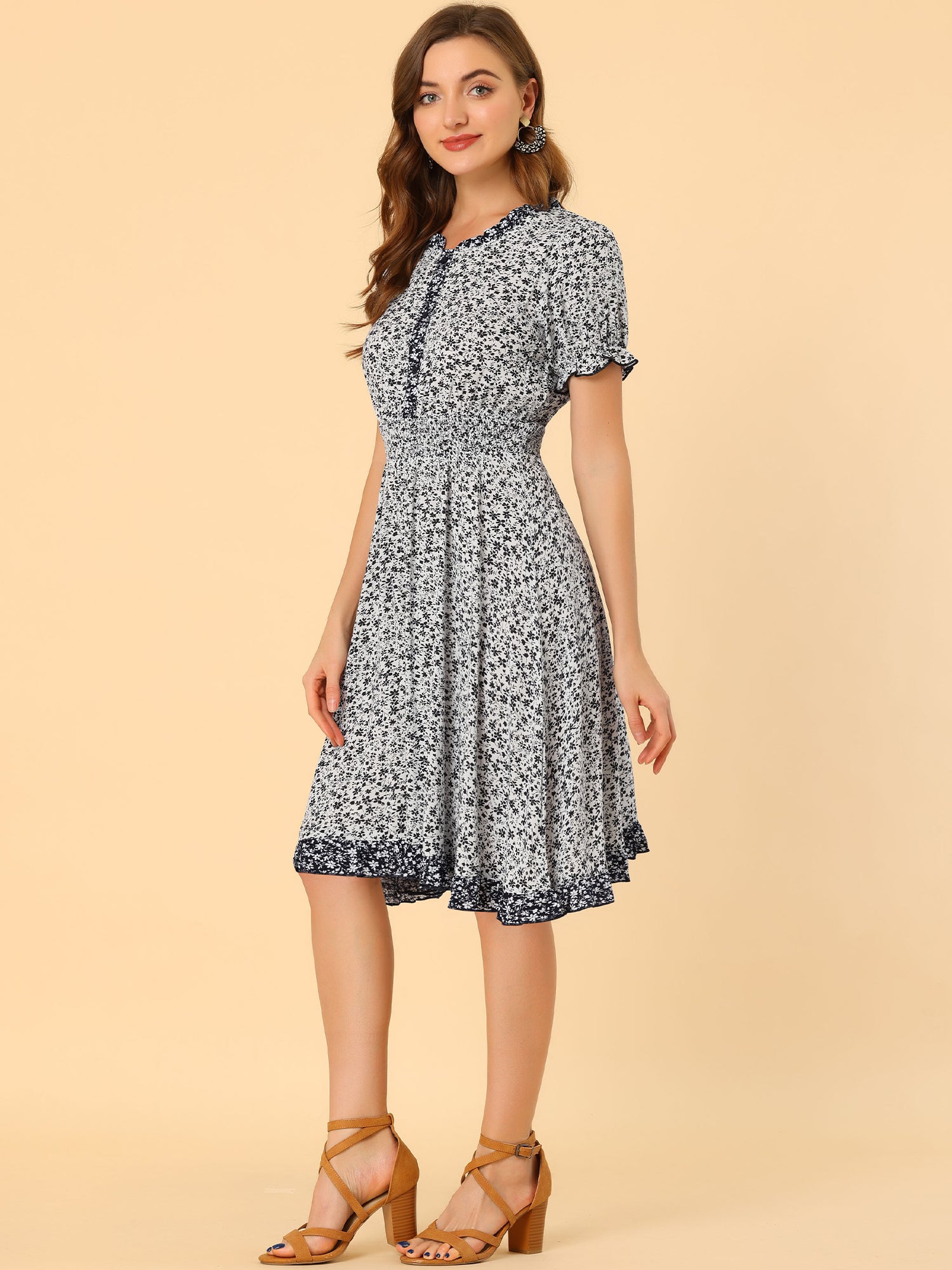 Floral Ruffle Neck Smocked Waist Short Sleeve Midi Dress