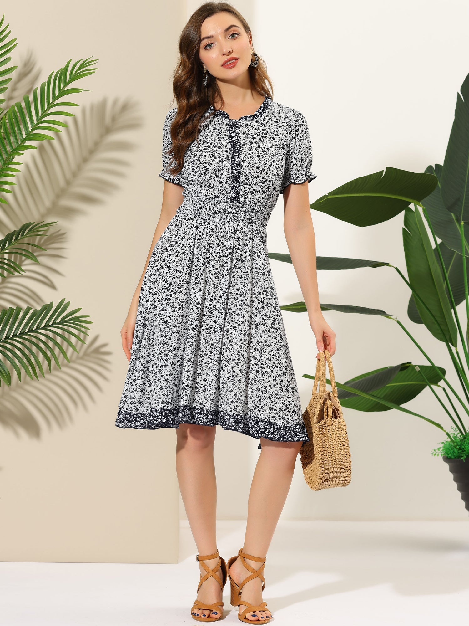 Floral Ruffle Neck Smocked Waist Short Sleeve Midi Dress