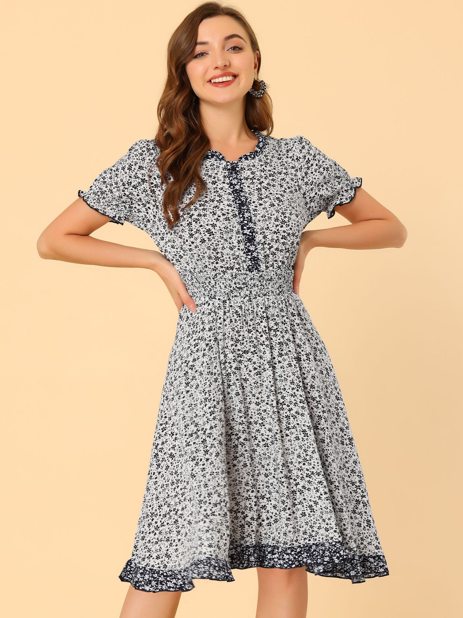 Floral Ruffle Neck Smocked Waist Short Sleeve Midi Dress