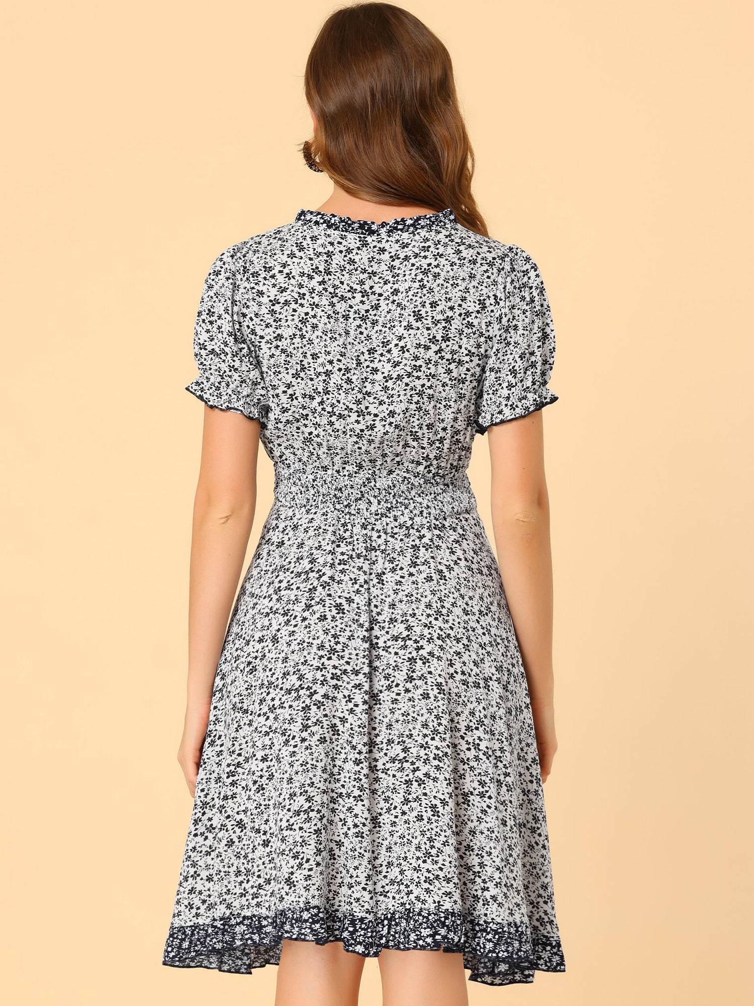 Floral Ruffle Neck Smocked Waist Short Sleeve Midi Dress