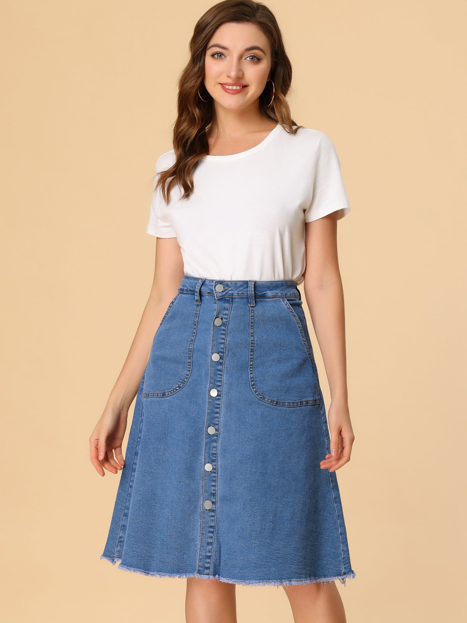 Denim Raw Hem Button Down Midi Jeans Skirt