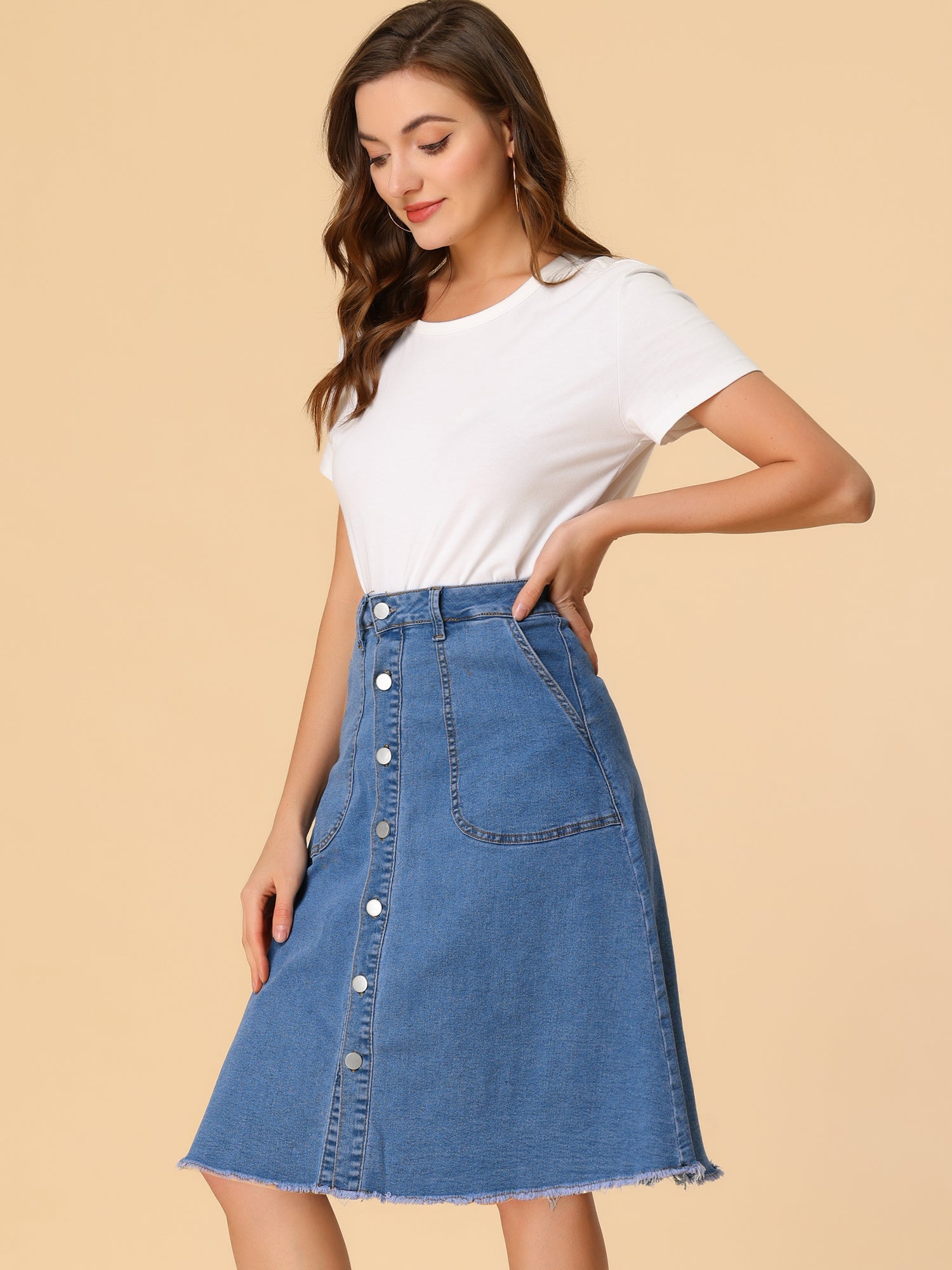 Denim Raw Hem Button Down Midi Jeans Skirt