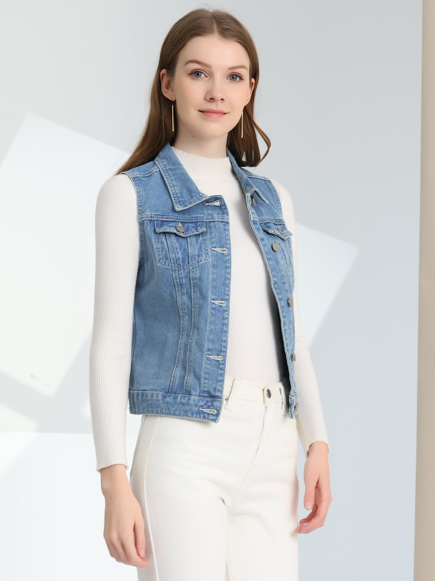 Buttoned Chest Flap Pocket Washed Denim Jacket Vest