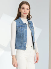 Buttoned Chest Flap Pocket Washed Denim Jacket Vest