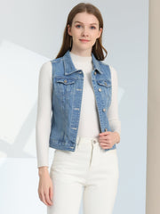 Buttoned Chest Flap Pocket Washed Denim Jacket Vest