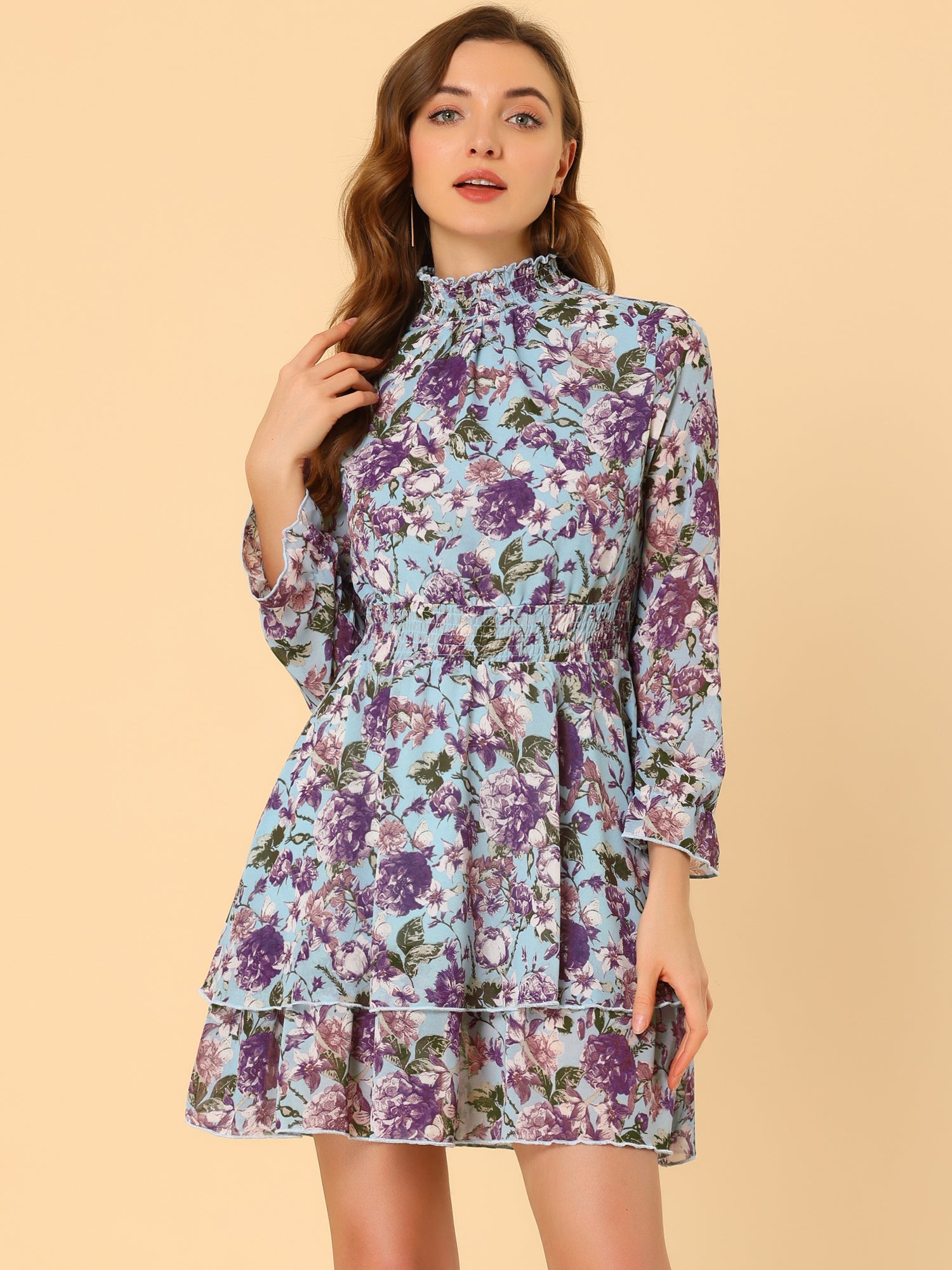 Floral Chiffon Long Sleeve Mock Neck Ruffle Layered Mini Dress