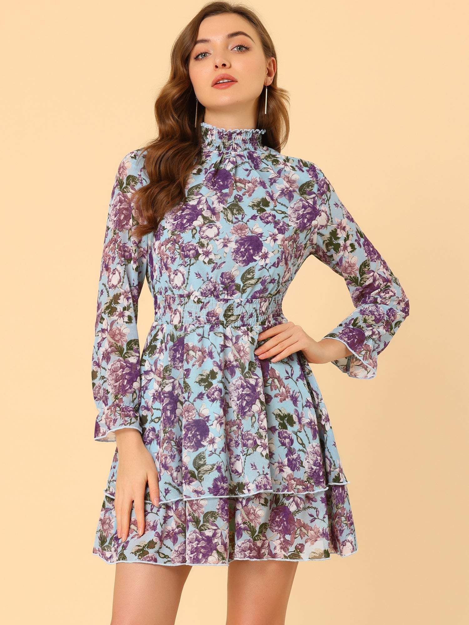 Floral Chiffon Long Sleeve Mock Neck Ruffle Layered Mini Dress