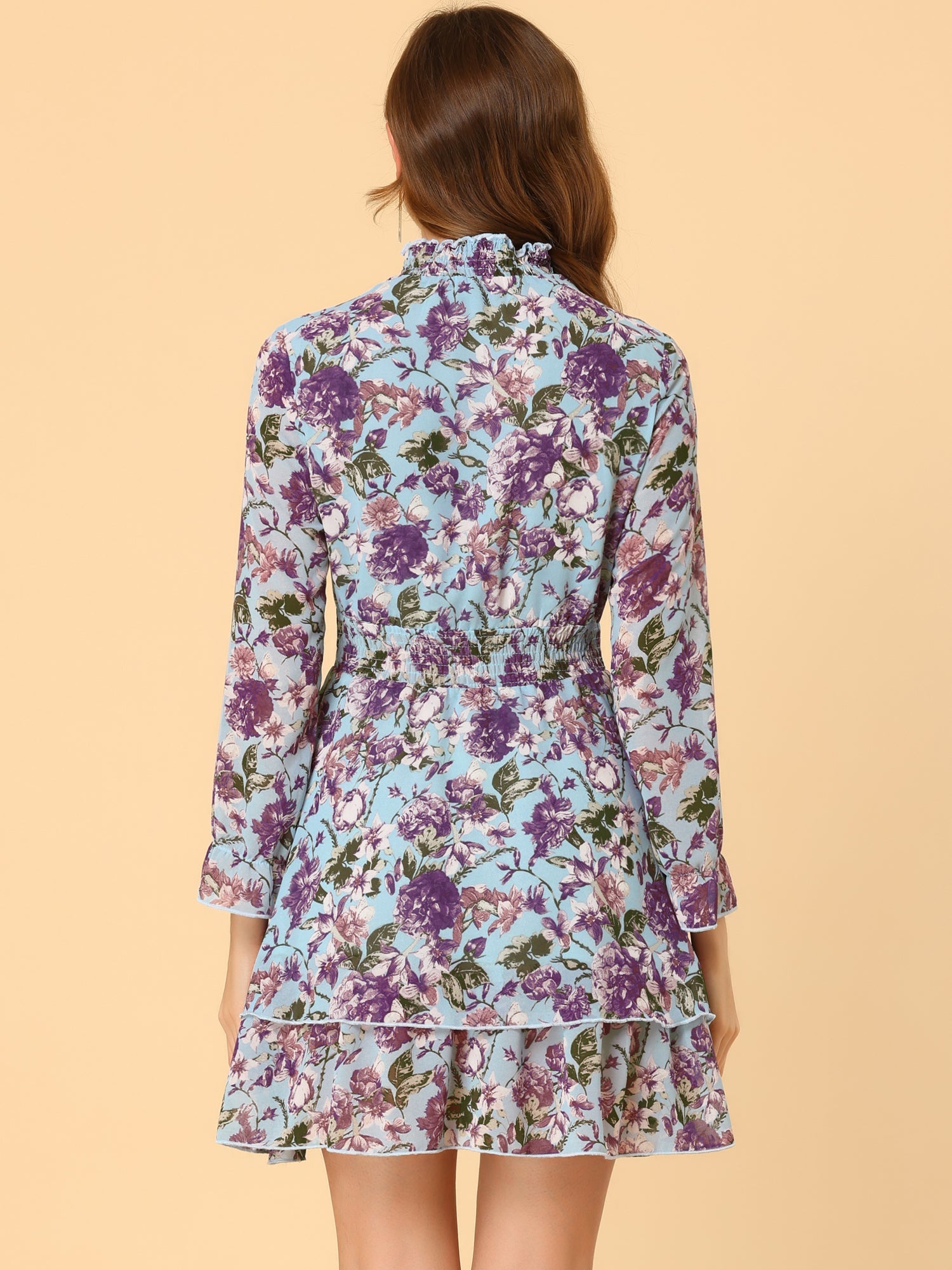 Floral Chiffon Long Sleeve Mock Neck Ruffle Layered Mini Dress