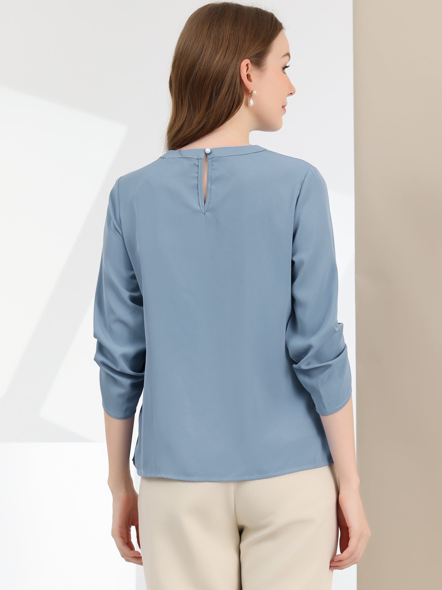 Office Keyhole Pleated Front Ruched 3/4 Sleeve Chiffon Blouse
