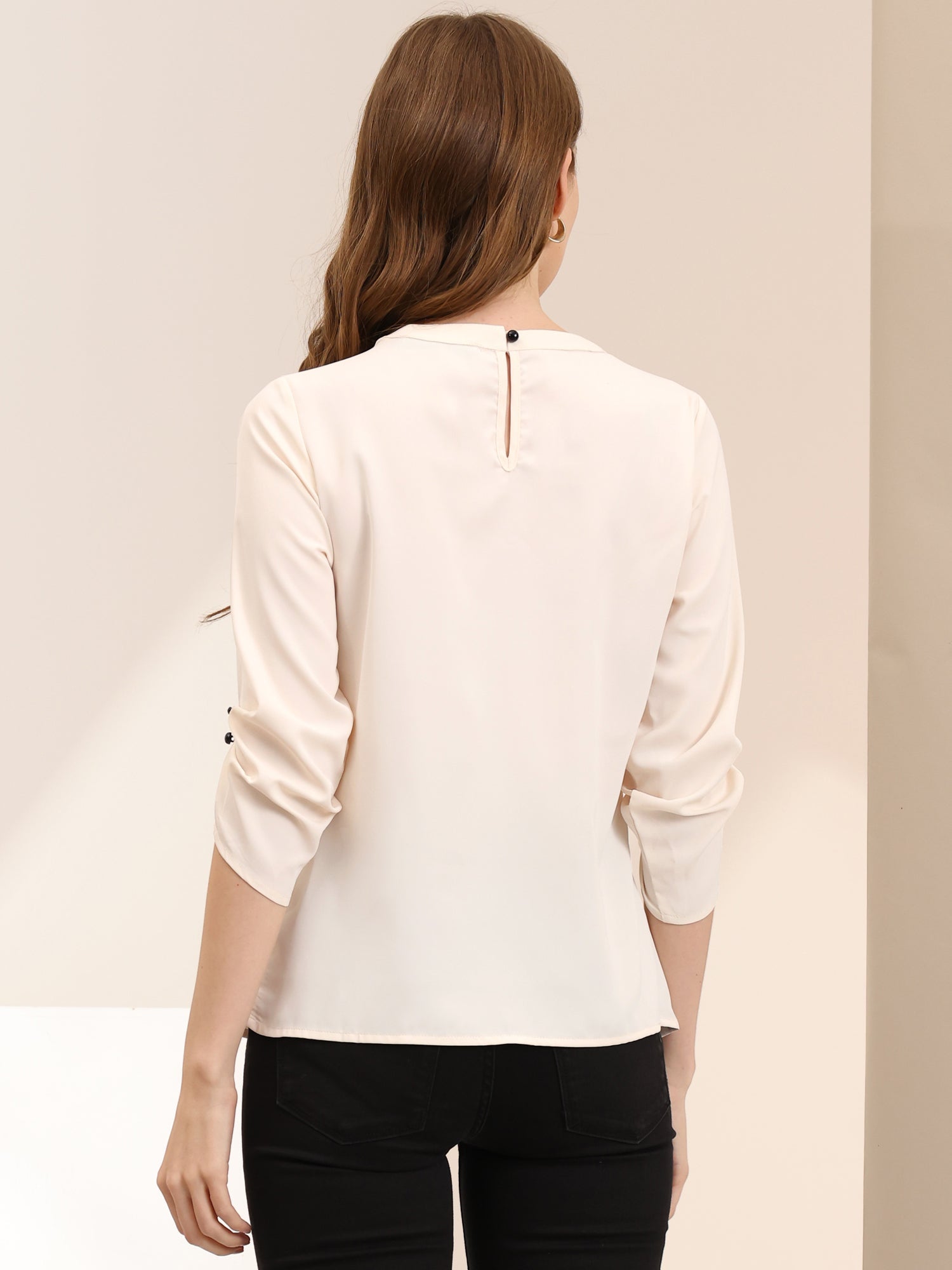 Office Keyhole Pleated 3/4 Sleeve Chiffon Blouse
