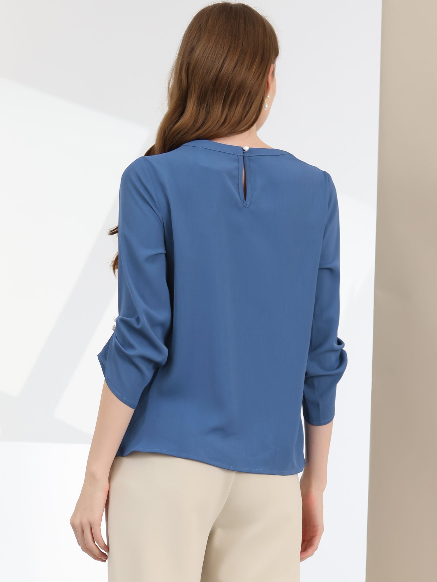 Office Keyhole Pleated 3/4 Sleeve Chiffon Blouse