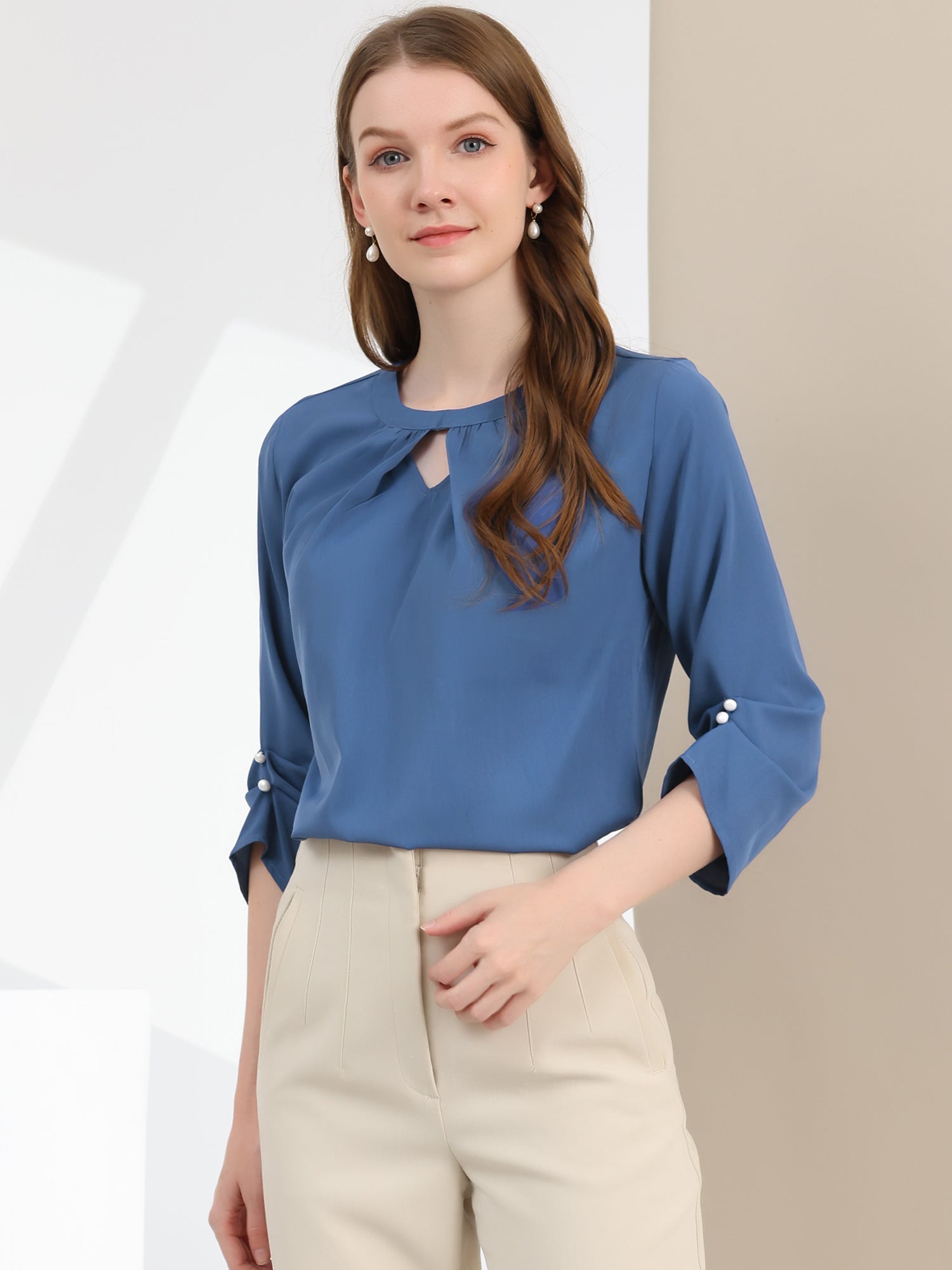 Office Keyhole Pleated 3/4 Sleeve Chiffon Blouse