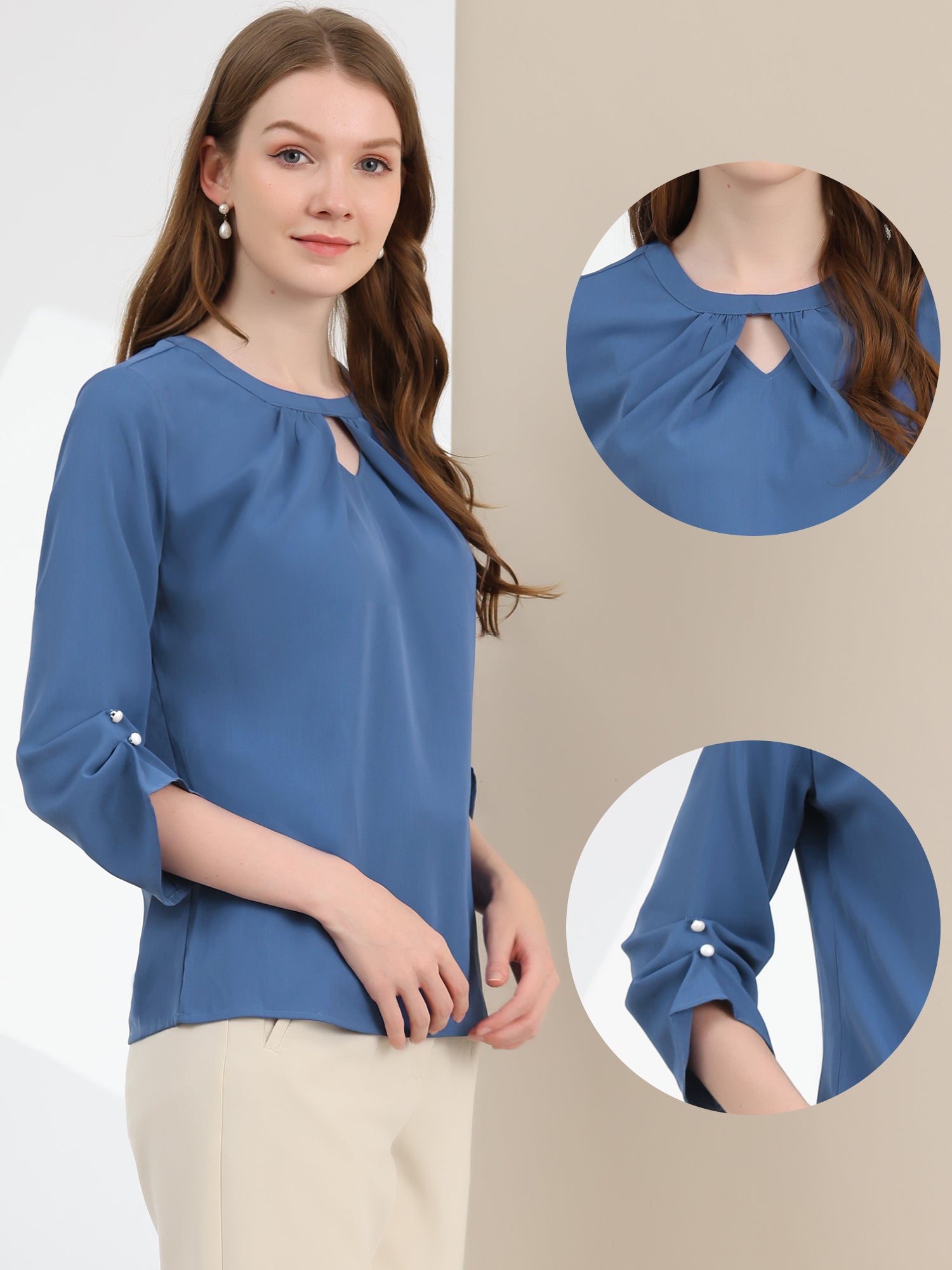 Office Keyhole Pleated 3/4 Sleeve Chiffon Blouse