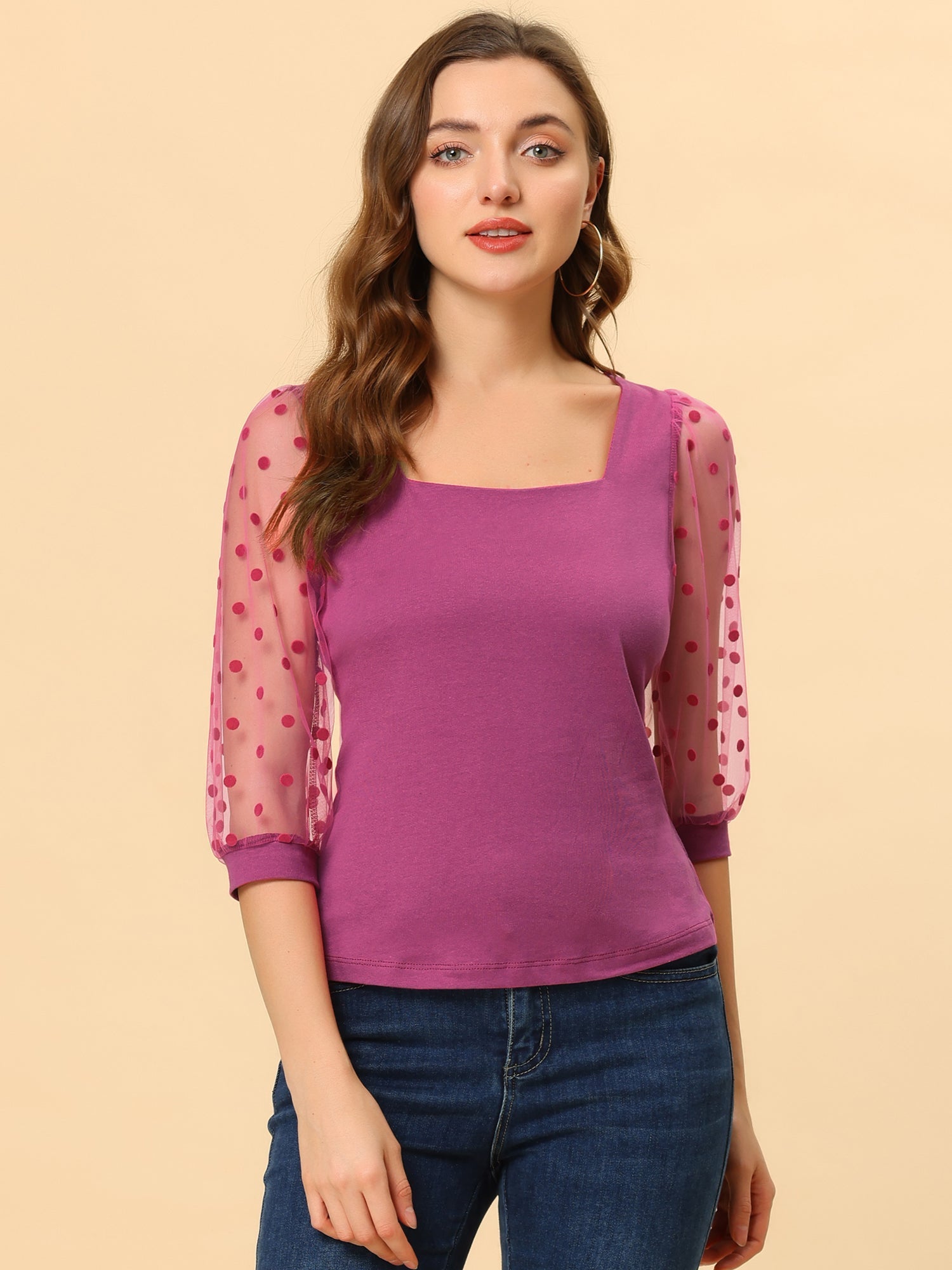 Retro Square Neck Tops Slim Fit Semi Sheer 3/4 Mesh Sleeve Top