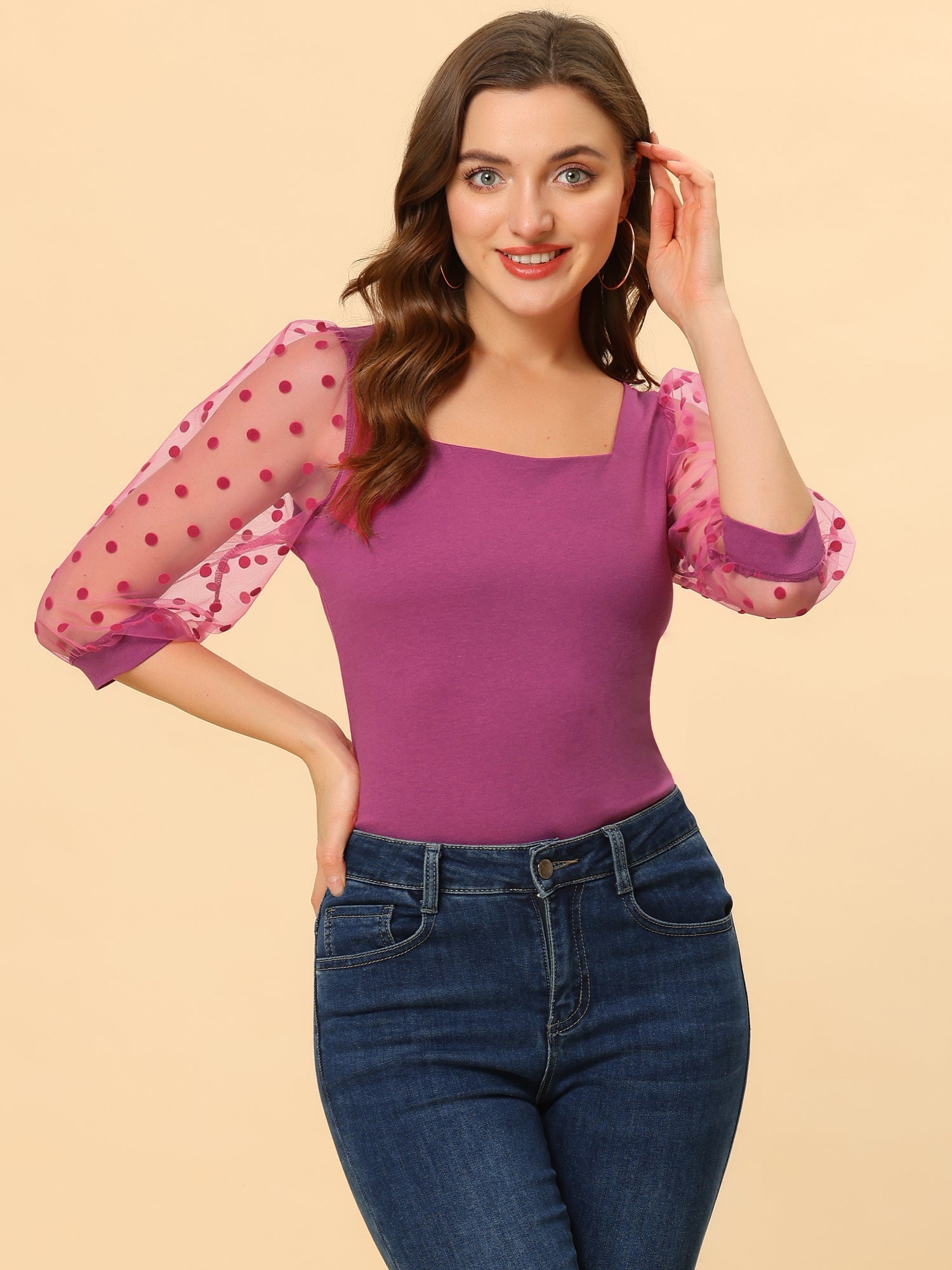 Retro Square Neck Tops Slim Fit Semi Sheer 3/4 Mesh Sleeve Top