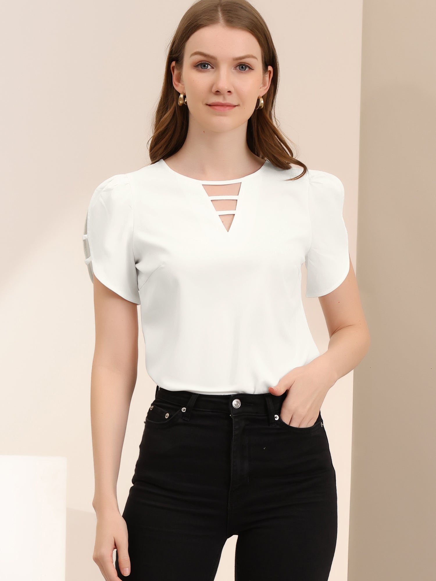 Cutout Round Neck Cap Sleeve Casual Top