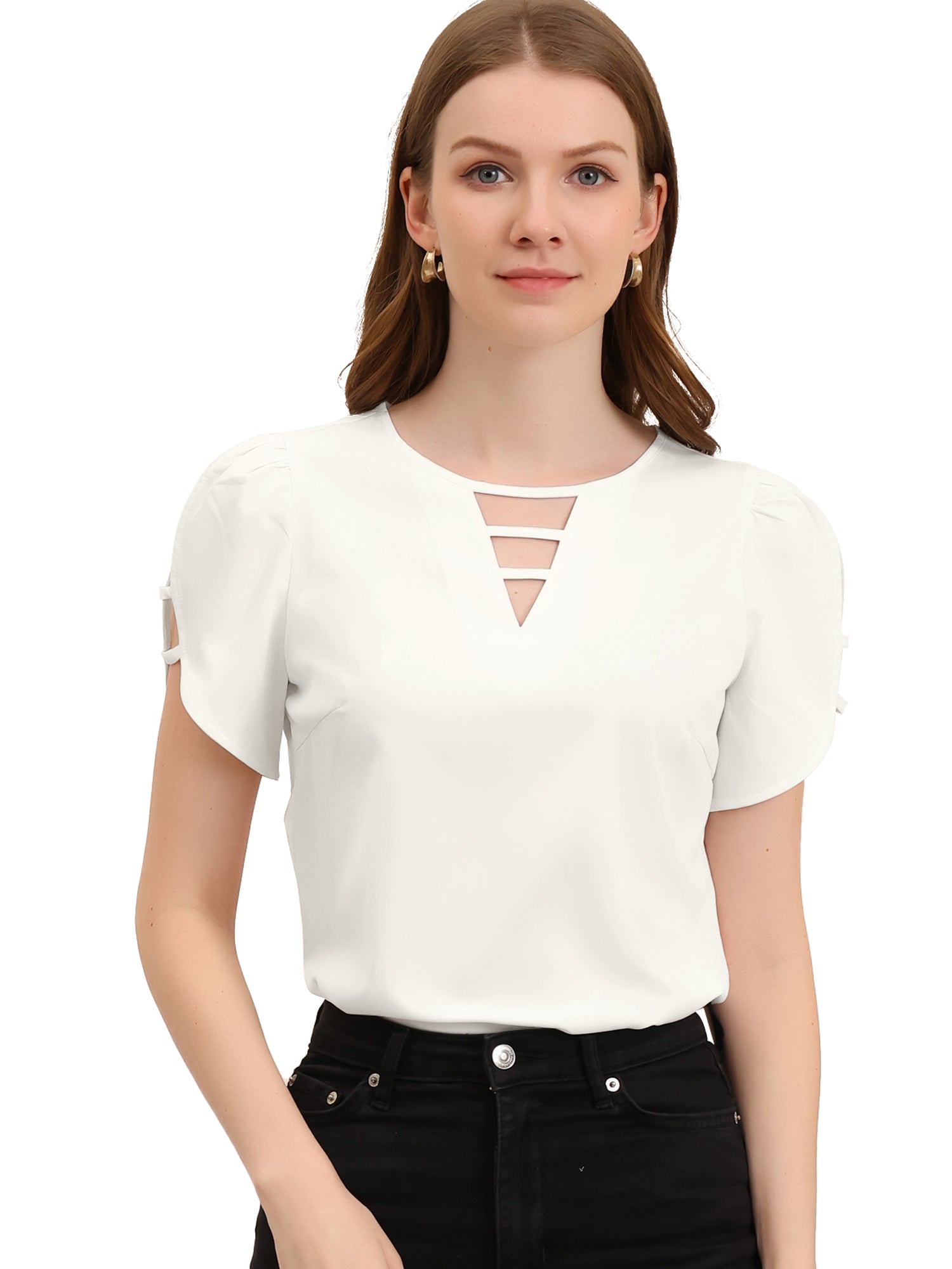 Cutout Round Neck Cap Sleeve Casual Top