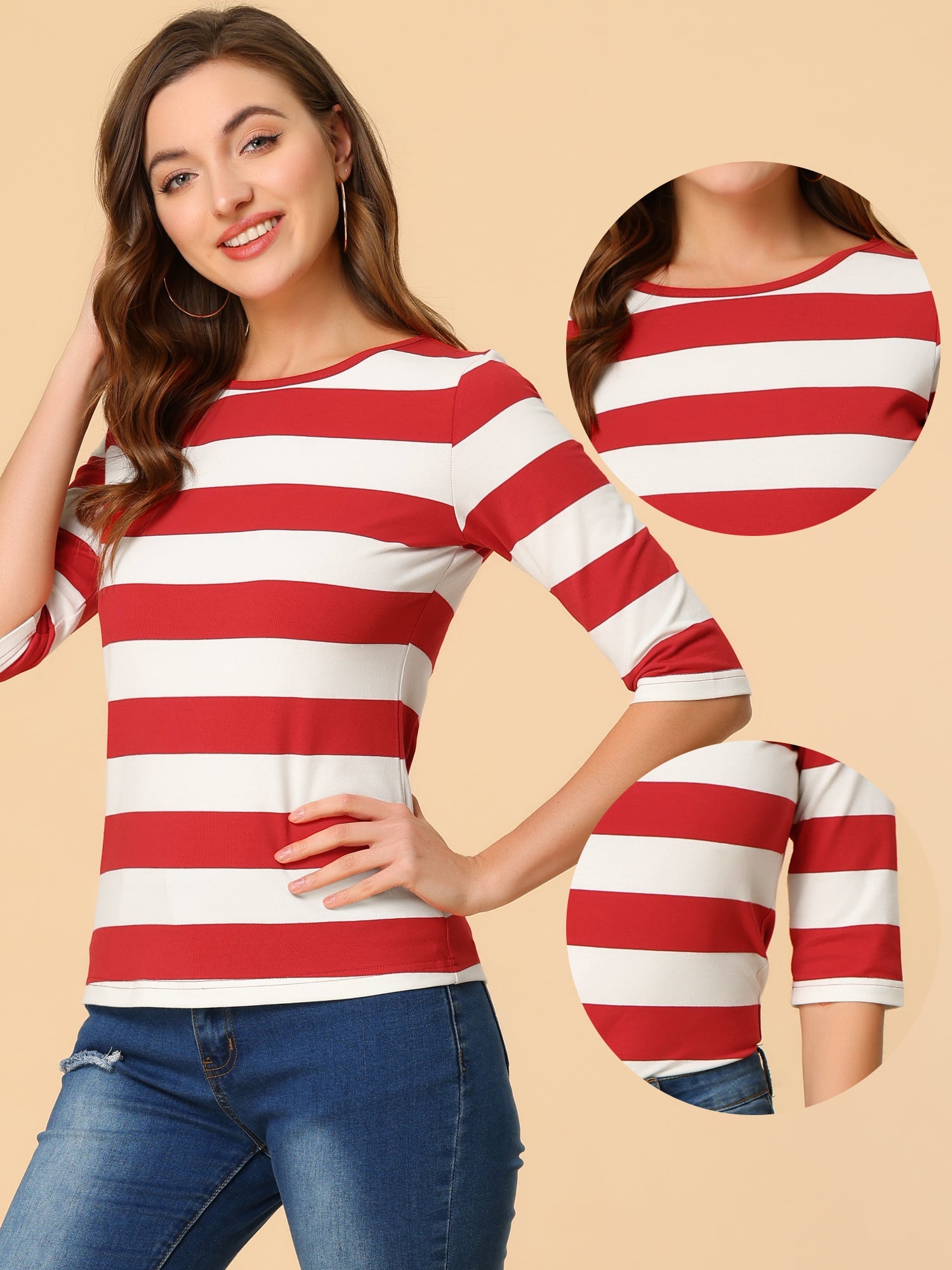 3/4 Sleeve Round Neck Casual Striped T-Shirt