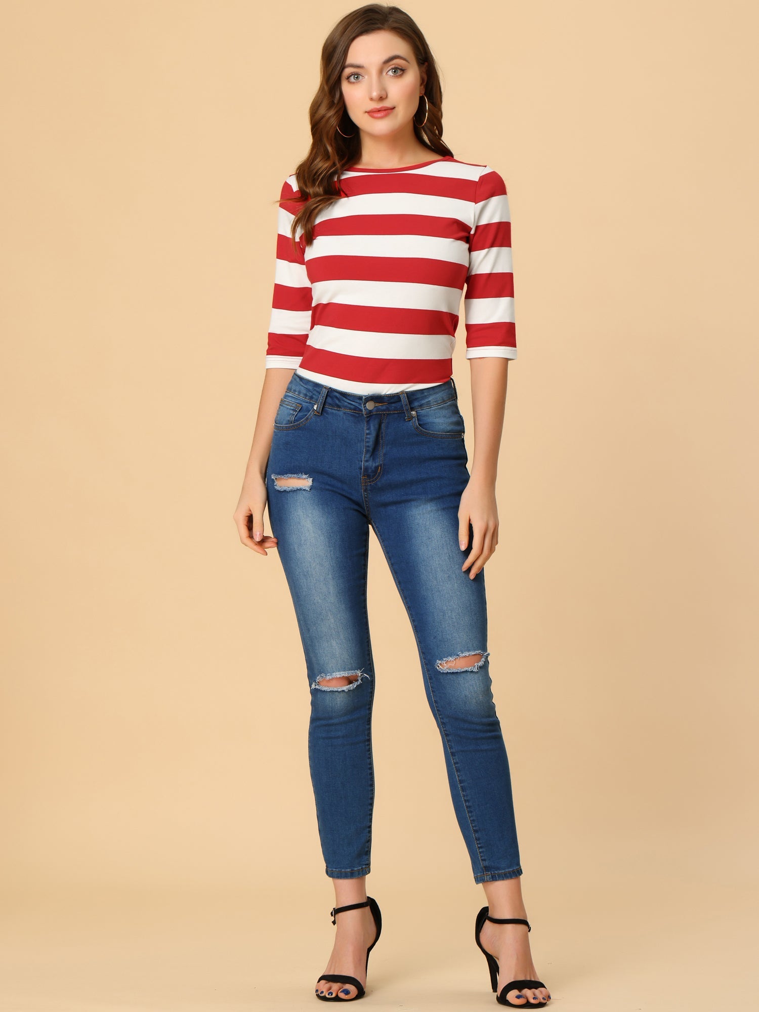 3/4 Sleeve Round Neck Casual Striped T-Shirt