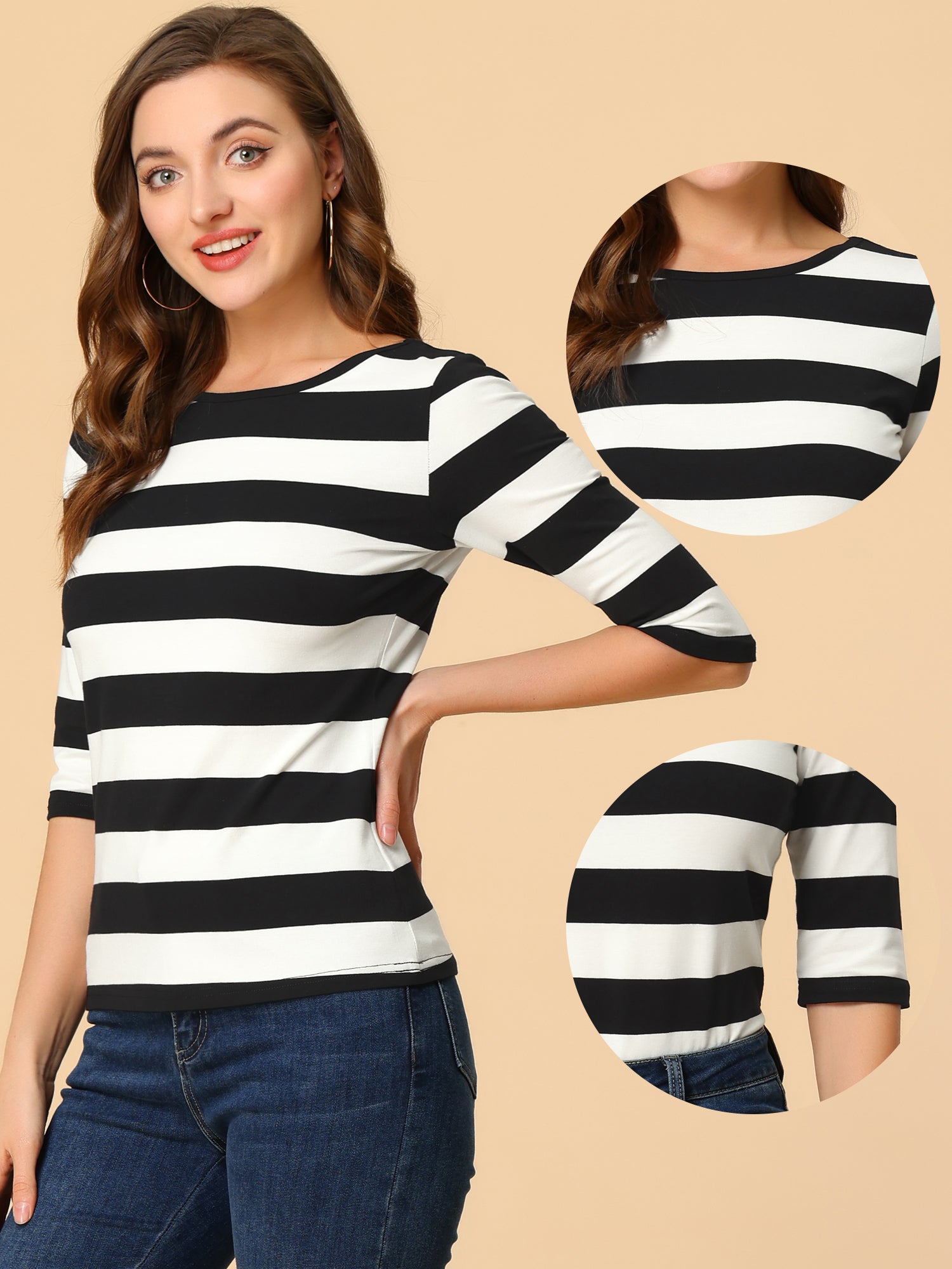 3/4 Sleeve Round Neck Casual Striped T-Shirt