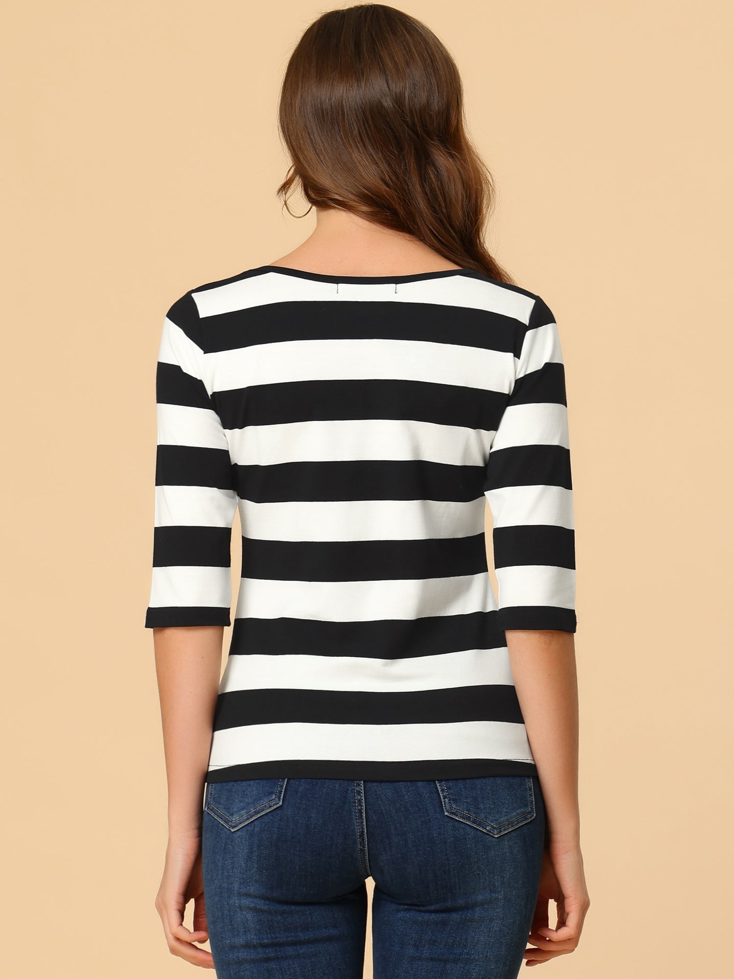 3/4 Sleeve Round Neck Casual Striped T-Shirt