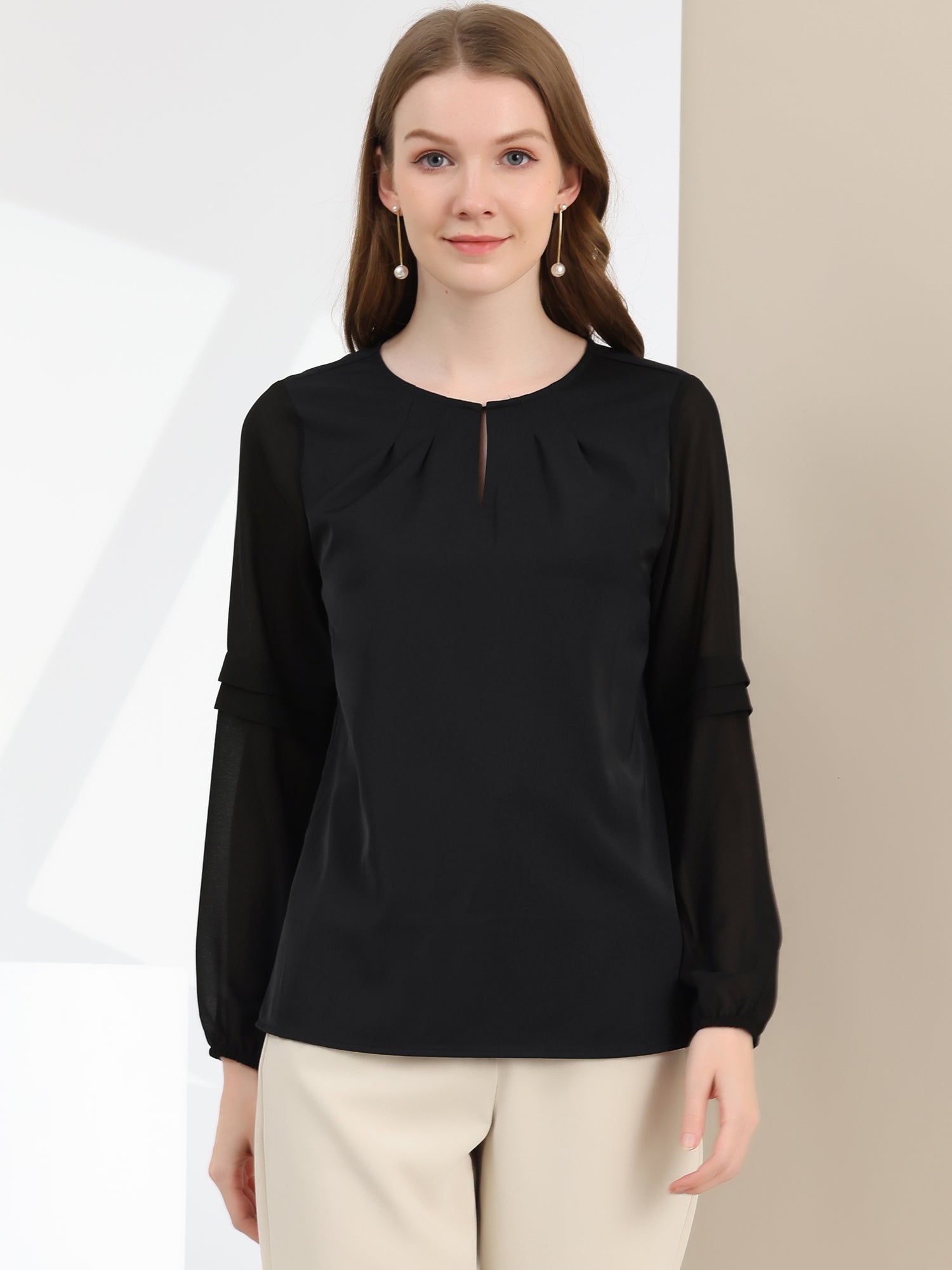 Chiffon Shirt Semi Sheer Keyhole Neck Elegant Work Blouse