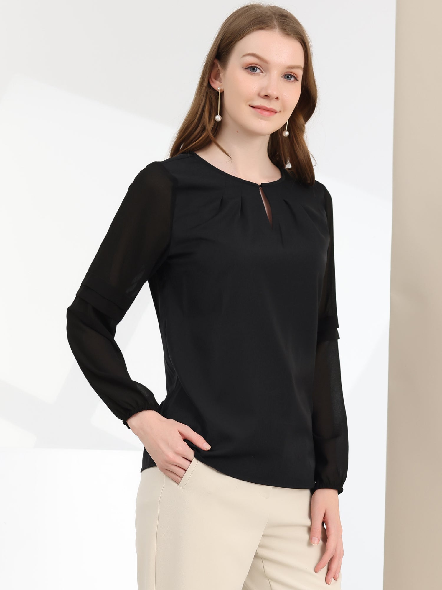 Chiffon Shirt Semi Sheer Keyhole Neck Elegant Work Blouse