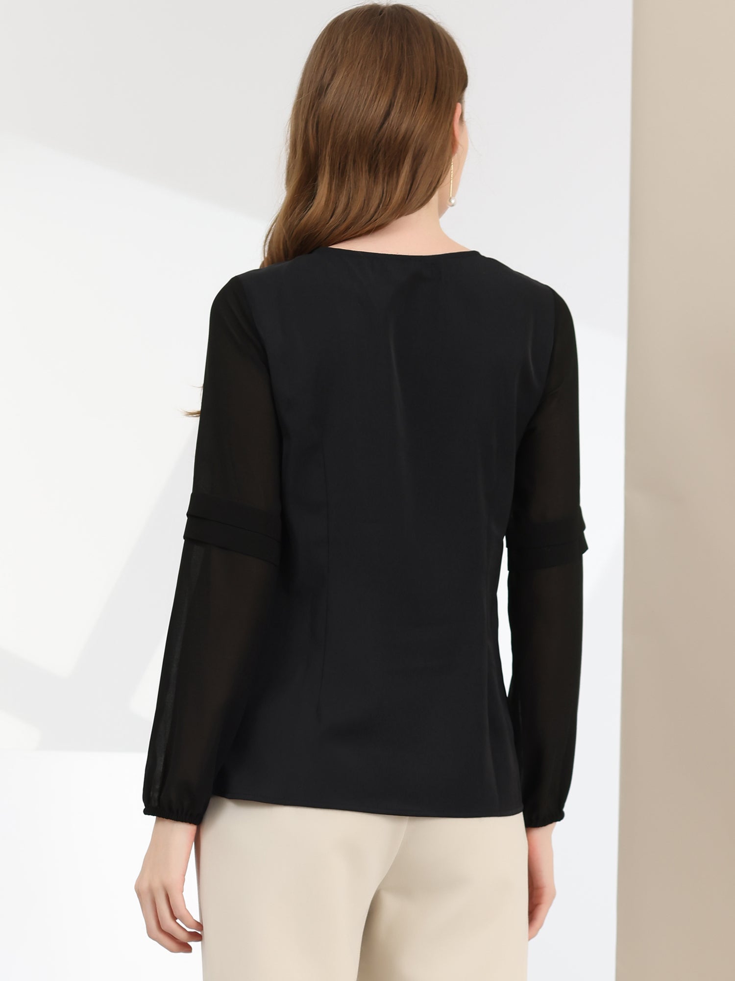 Chiffon Shirt Semi Sheer Keyhole Neck Elegant Work Blouse