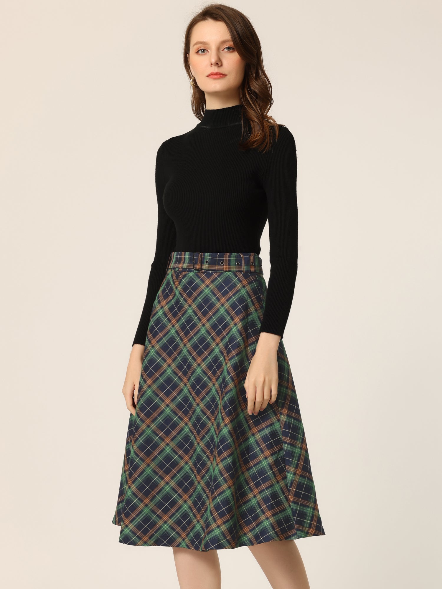 Christmas Tartan Plaid High Waist Belted Vintage A-Line Midi Skirt