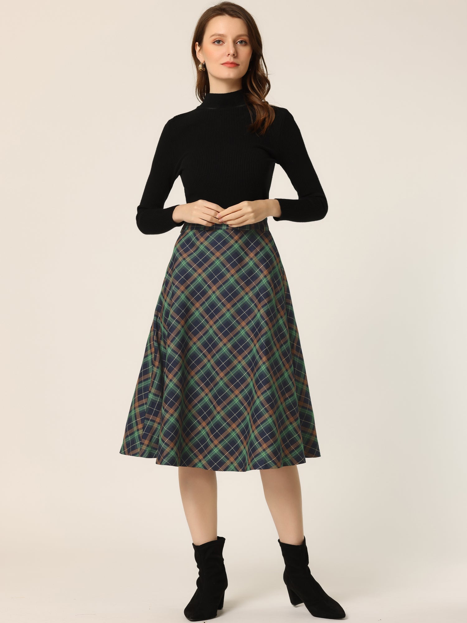 Christmas Tartan Plaid High Waist Belted Vintage A-Line Midi Skirt