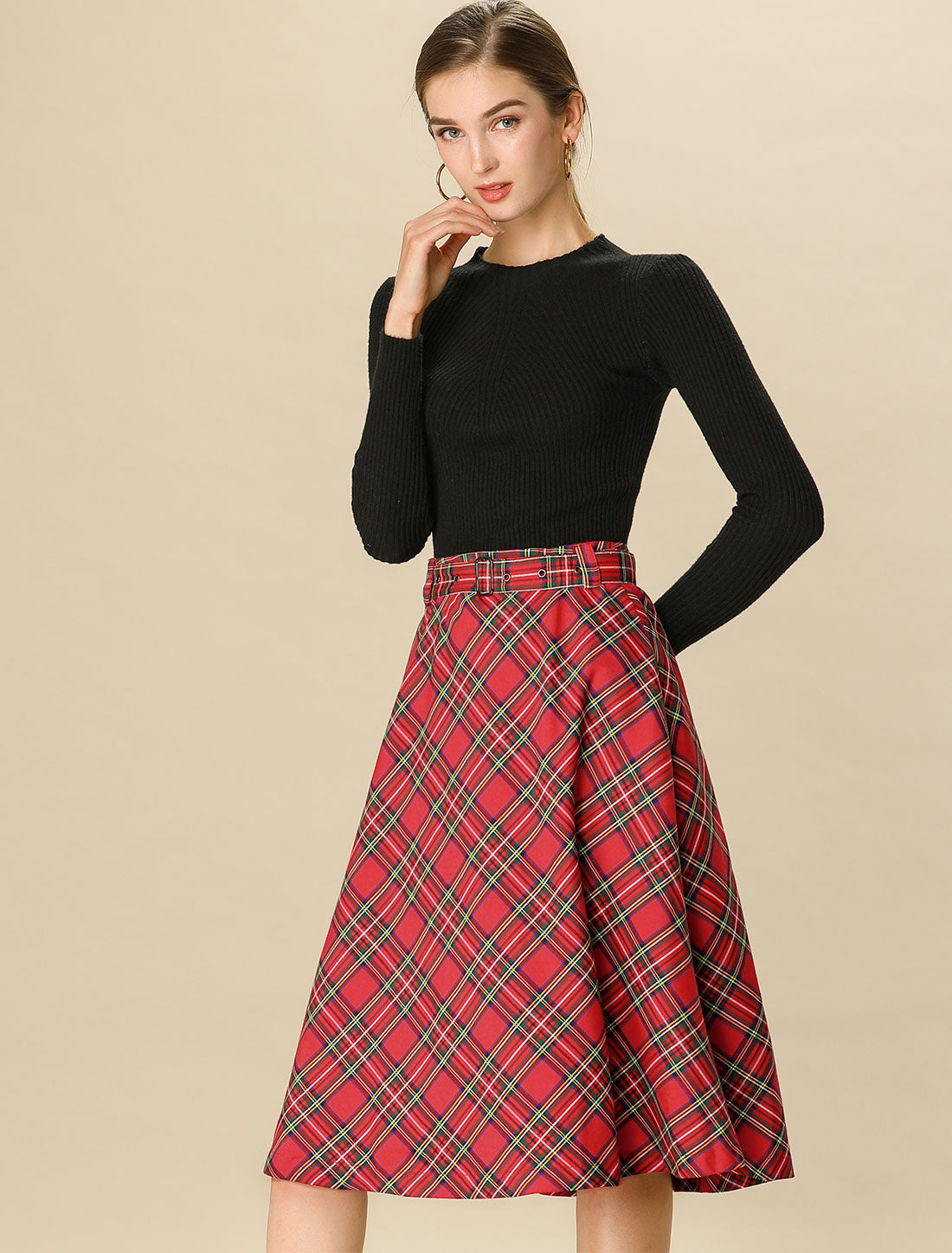 Christmas Tartan Plaid High Waist Belted Vintage A-Line Midi Skirt