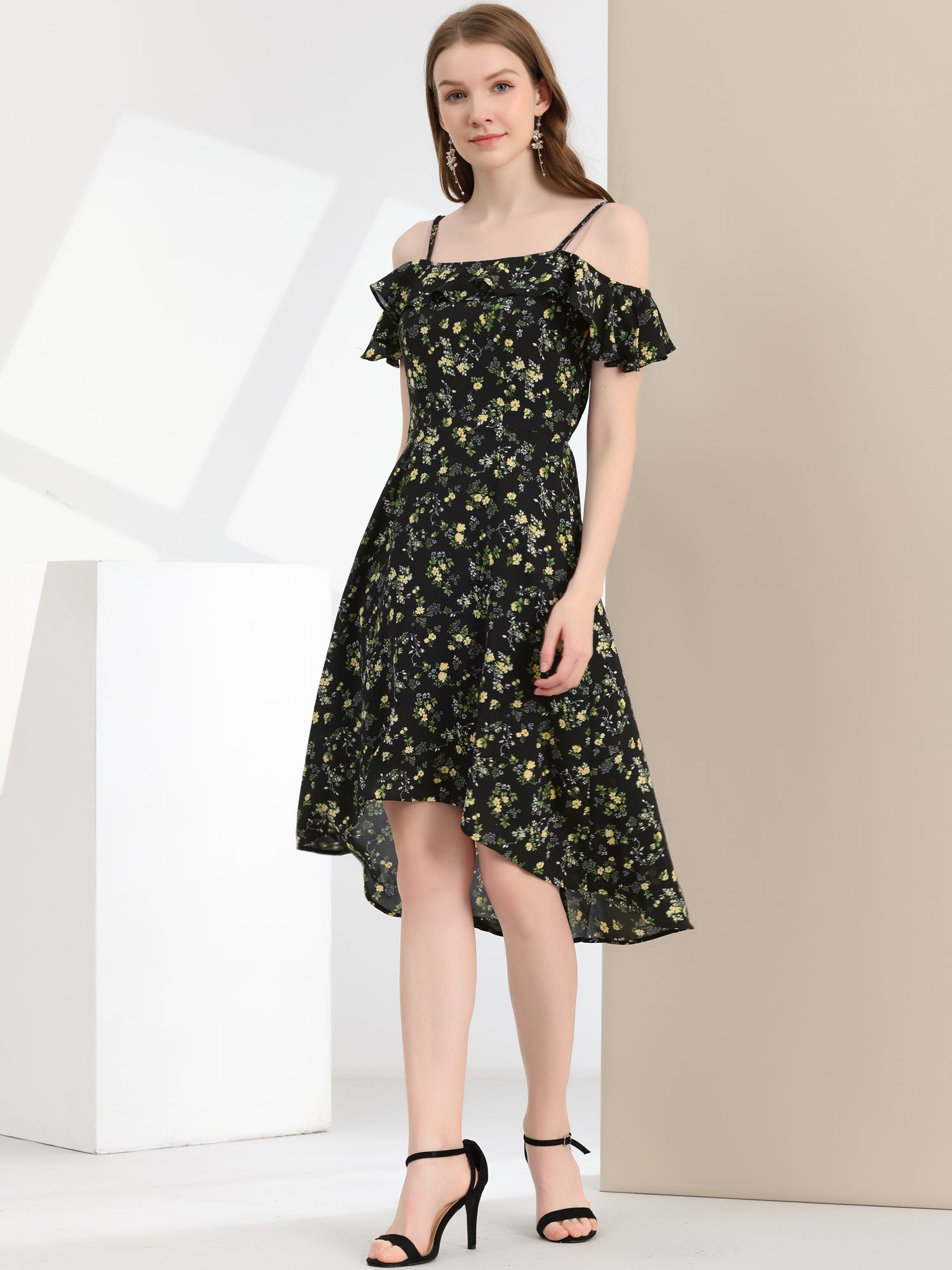 Spaghetti Strap Asymmetrical High Low Floral A-Line Midi Dress
