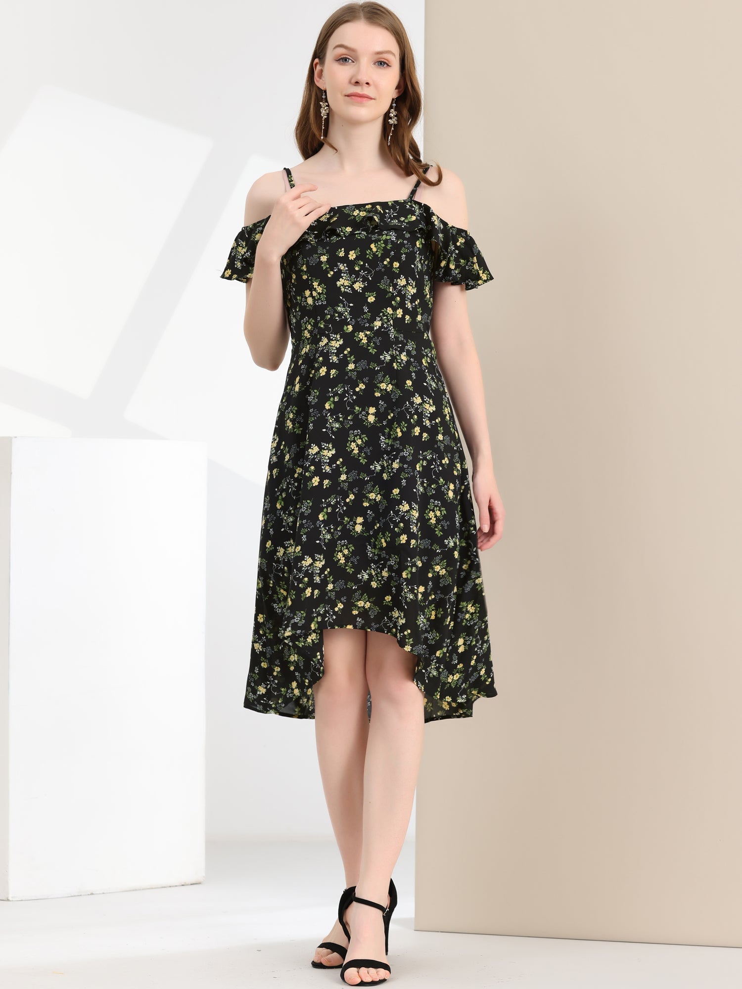 Spaghetti Strap Asymmetrical High Low Floral A-Line Midi Dress