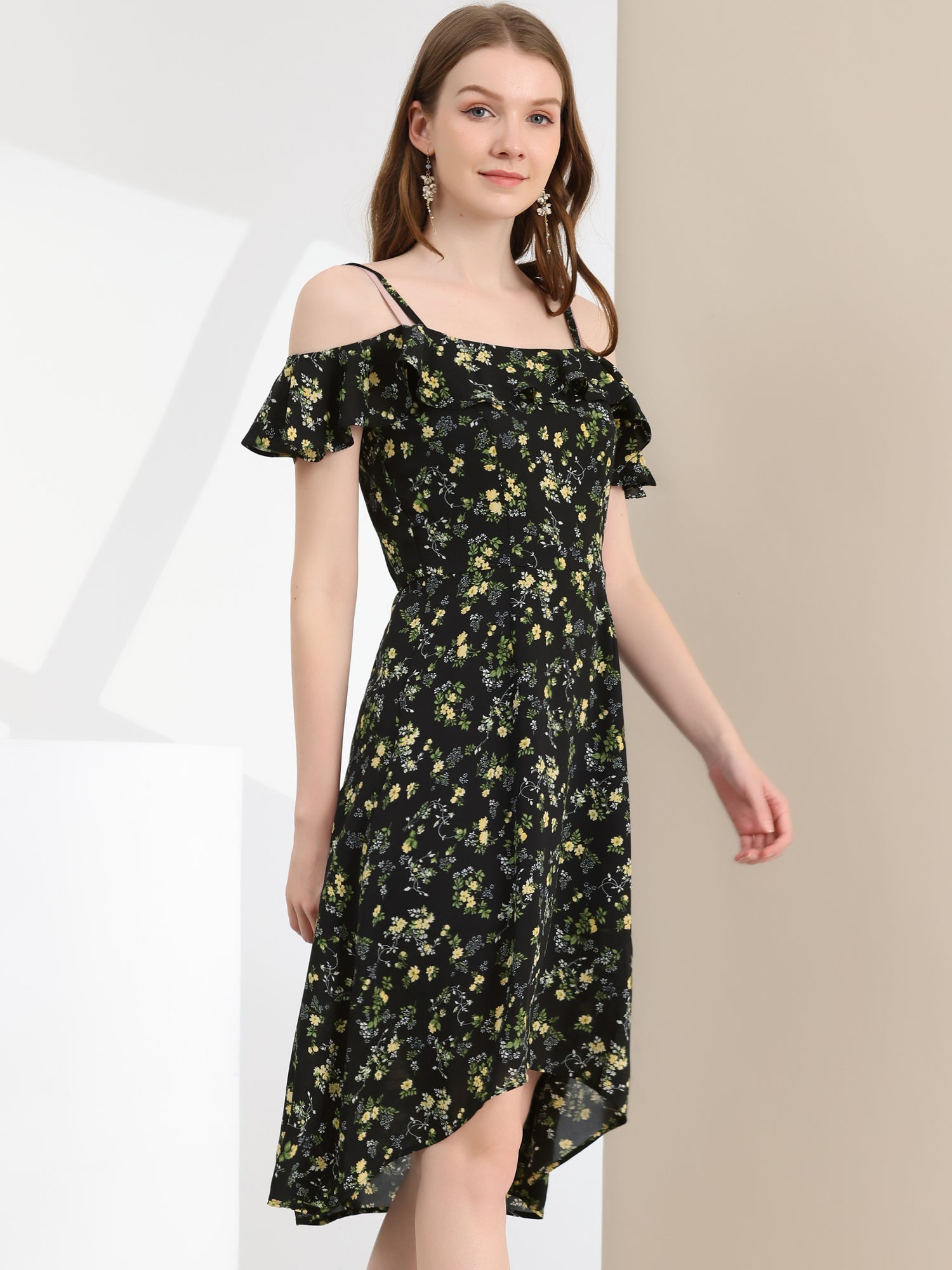 Spaghetti Strap Asymmetrical High Low Floral A-Line Midi Dress