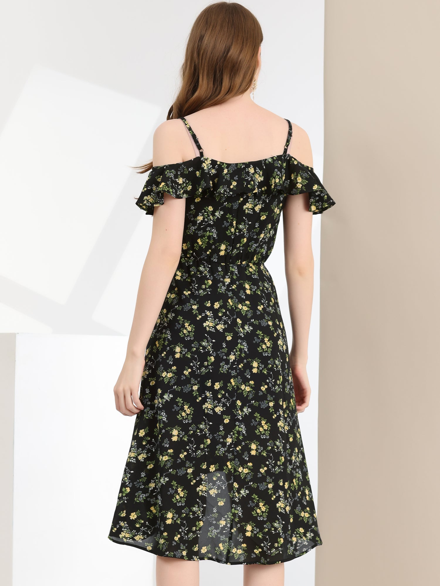 Spaghetti Strap Asymmetrical High Low Floral A-Line Midi Dress
