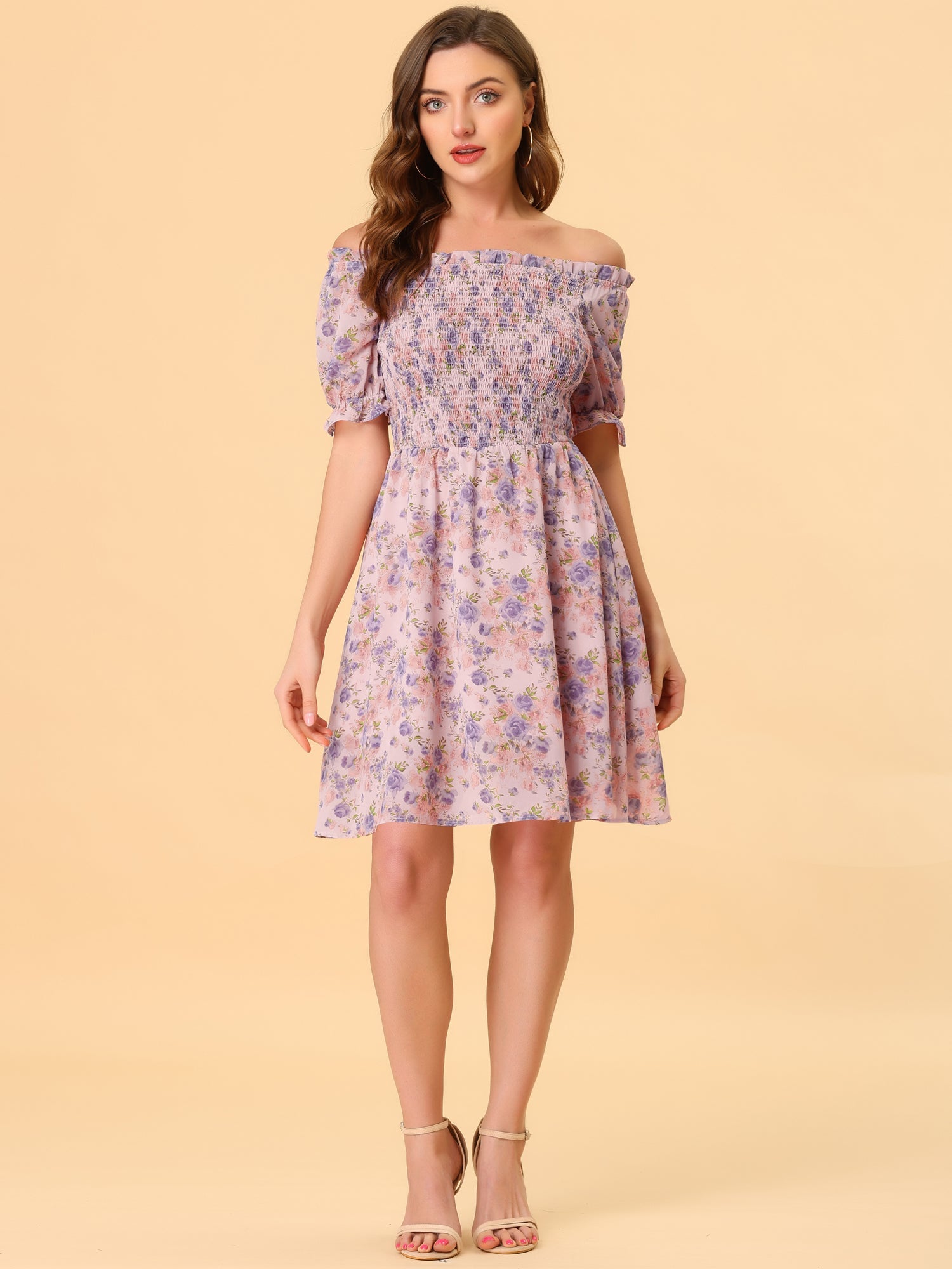 Summer Square Neck Off Shoulder A-Line Smocked Chiffon Floral Dress