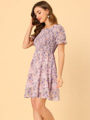 Summer Square Neck Off Shoulder A-Line Smocked Chiffon Floral Dress