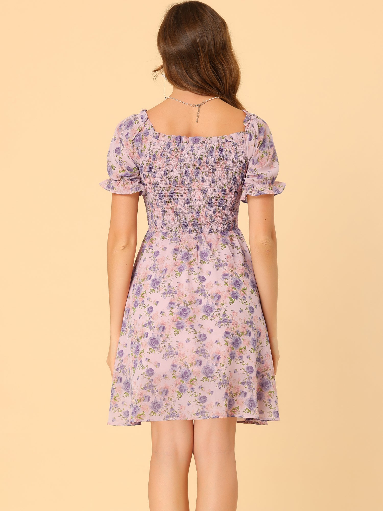 Summer Square Neck Off Shoulder A-Line Smocked Chiffon Floral Dress
