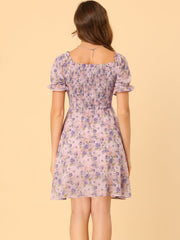 Summer Square Neck Off Shoulder A-Line Smocked Chiffon Floral Dress