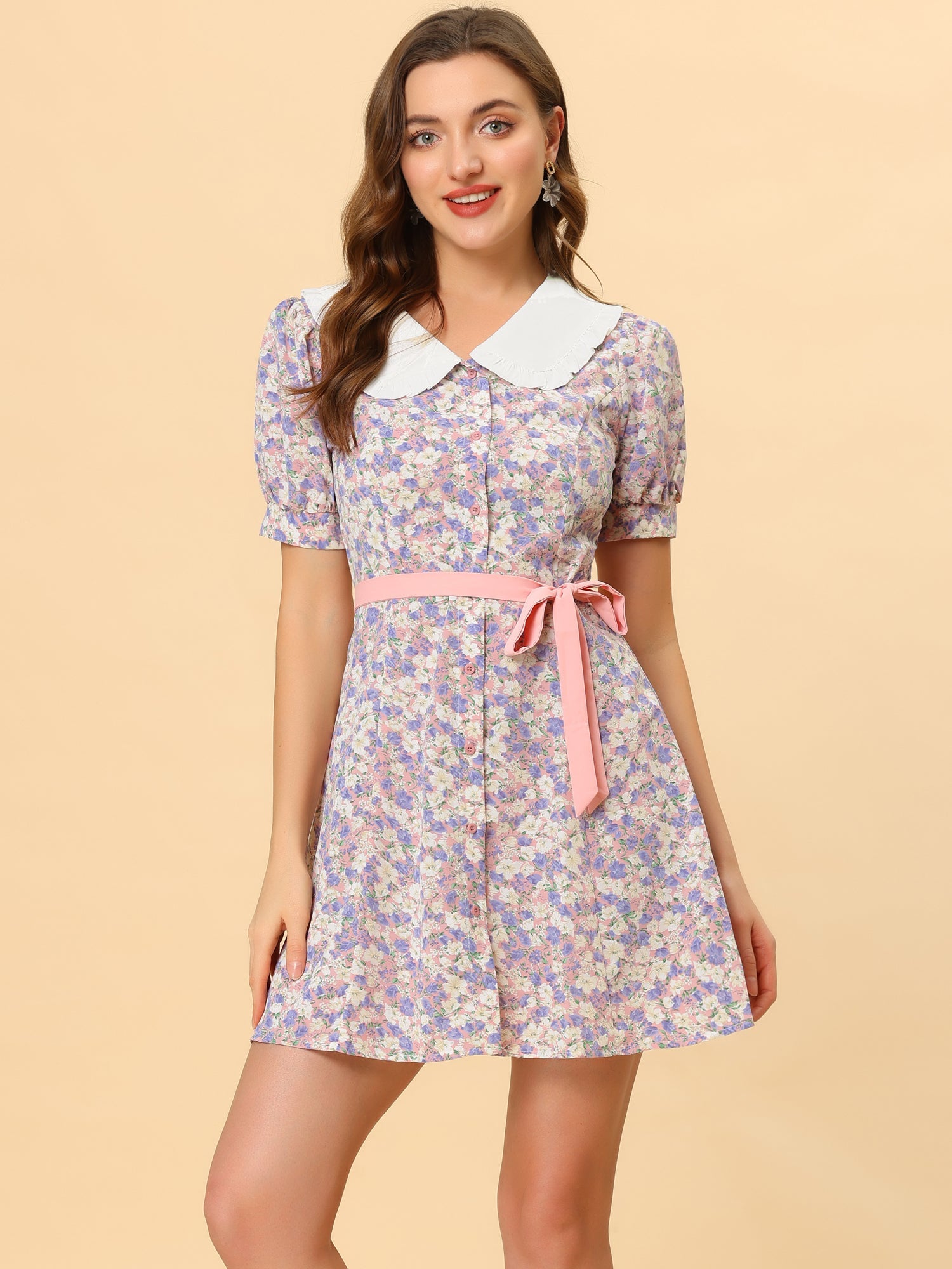 Peter Pan Collar Flowy Short Sleeve Ruffle Summer Floral Shirt Dress
