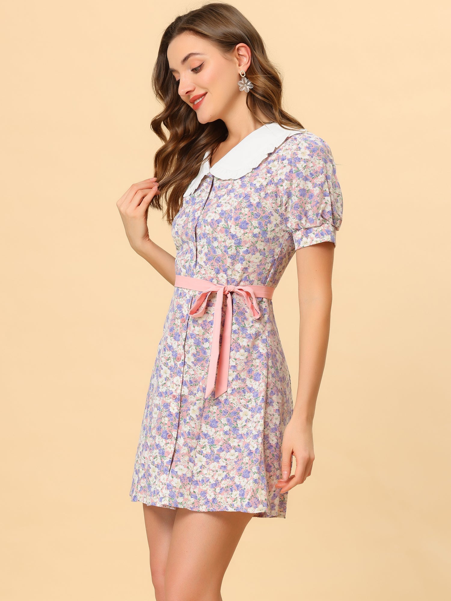 Peter Pan Collar Flowy Short Sleeve Ruffle Summer Floral Shirt Dress