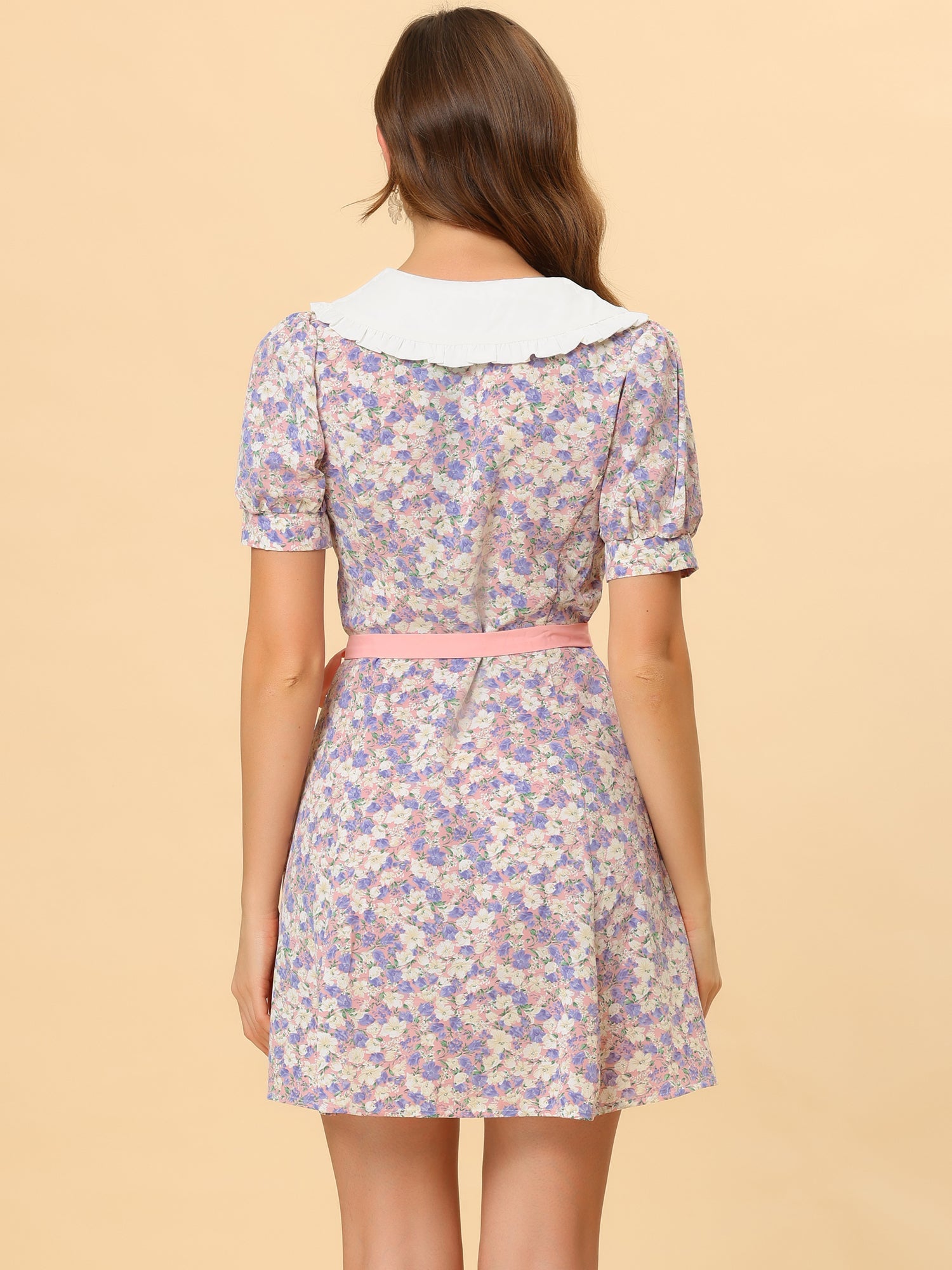 Peter Pan Collar Flowy Short Sleeve Ruffle Summer Floral Shirt Dress