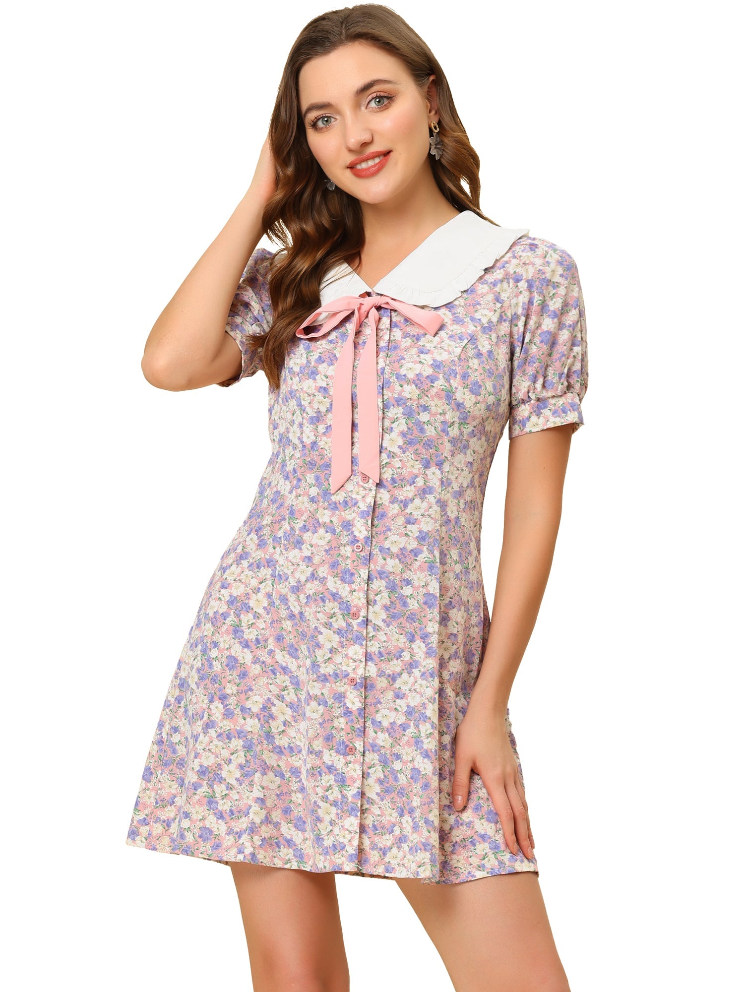 Peter Pan Collar Flowy Short Sleeve Ruffle Summer Floral Shirt Dress