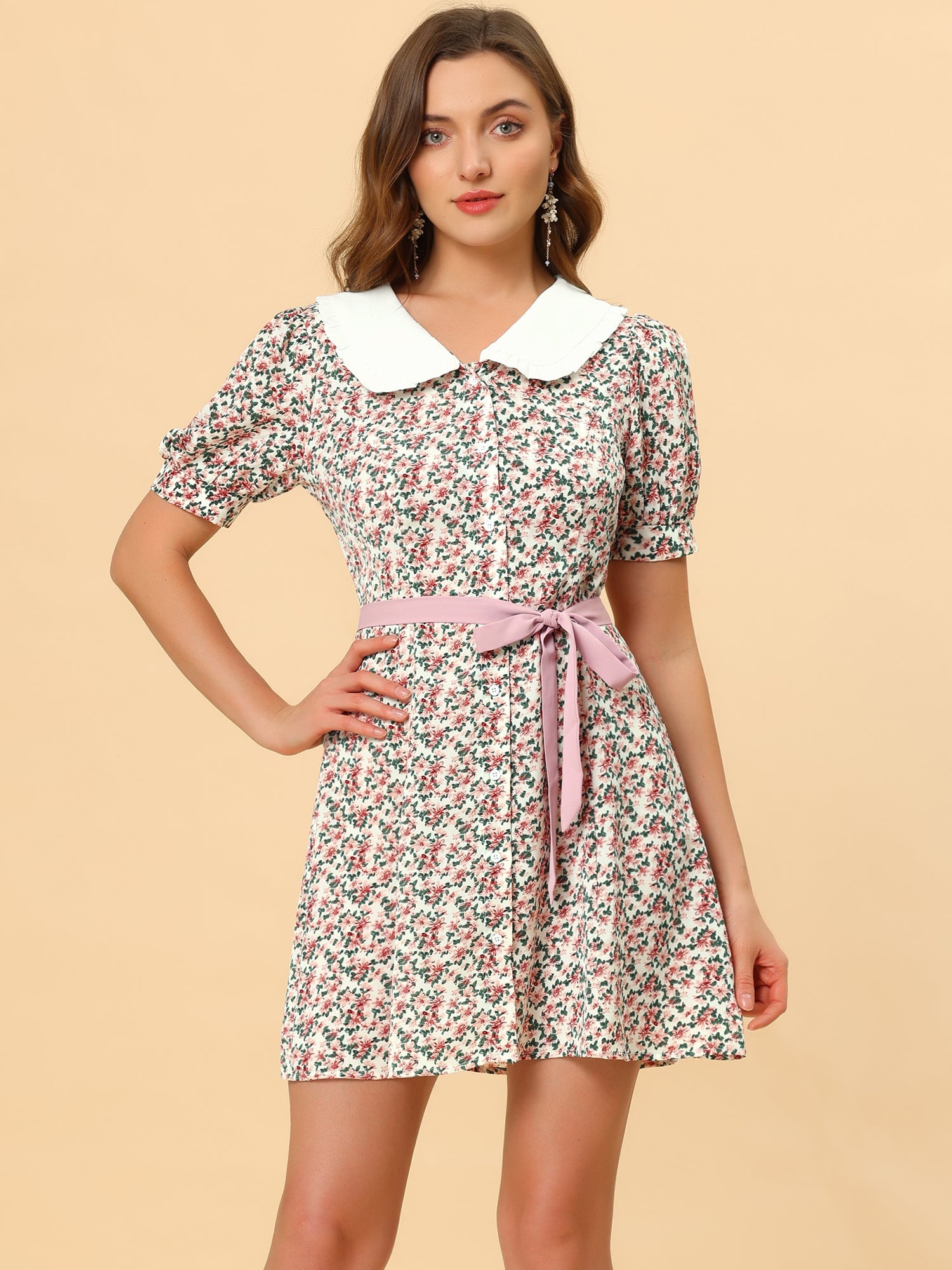 Peter Pan Collar Flowy Short Sleeve Ruffle Summer Floral Shirt Dress